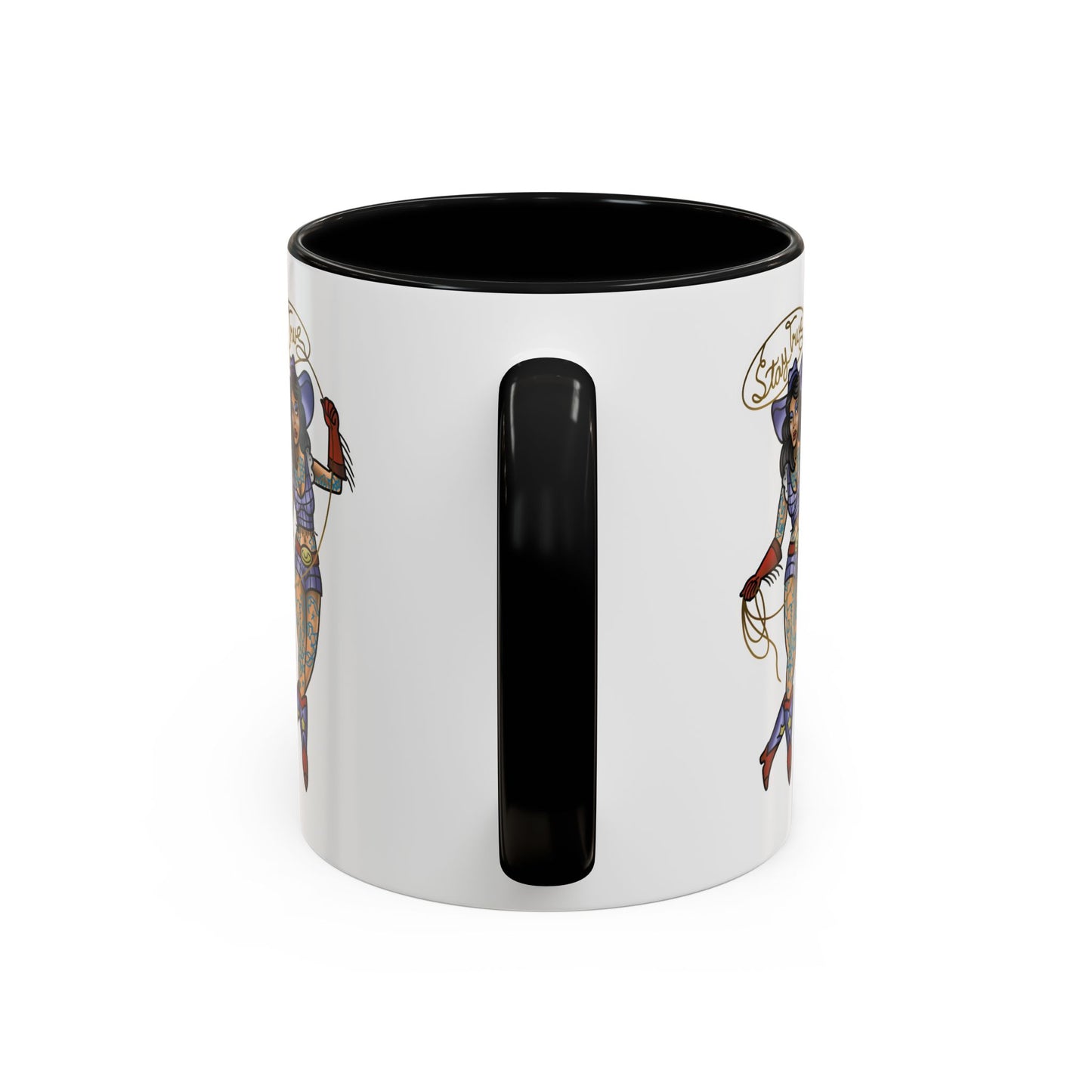 Accent Coffee Mug — Vintage Gold 'V' Monogram & Pin-Up Cowgirl Illustration (11oz/15oz)