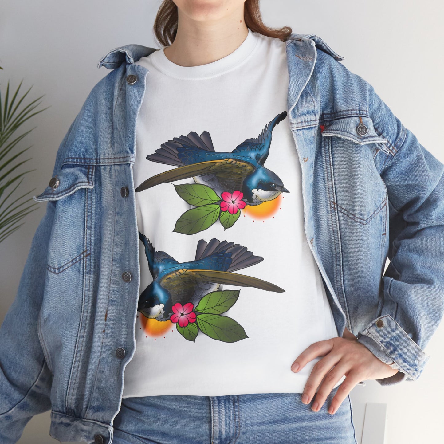 Bird Skull & Swallow Art Tee — Vibrant Blue Bird Illustration T-Shirt