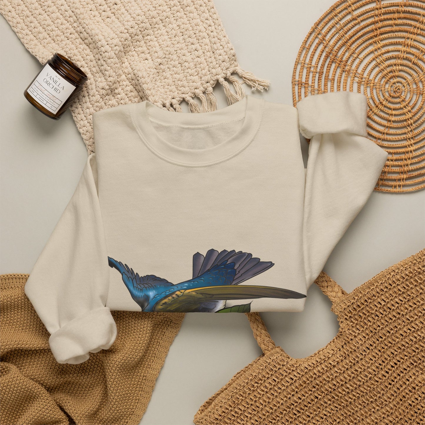Swallow & Hibiscus Crewneck Sweatshirt — Tropical Bird Graphic Pullover