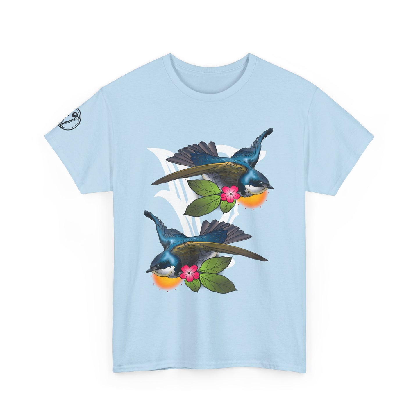 Bird Skull & Swallow Art Tee — Vibrant Blue Bird Illustration T-Shirt