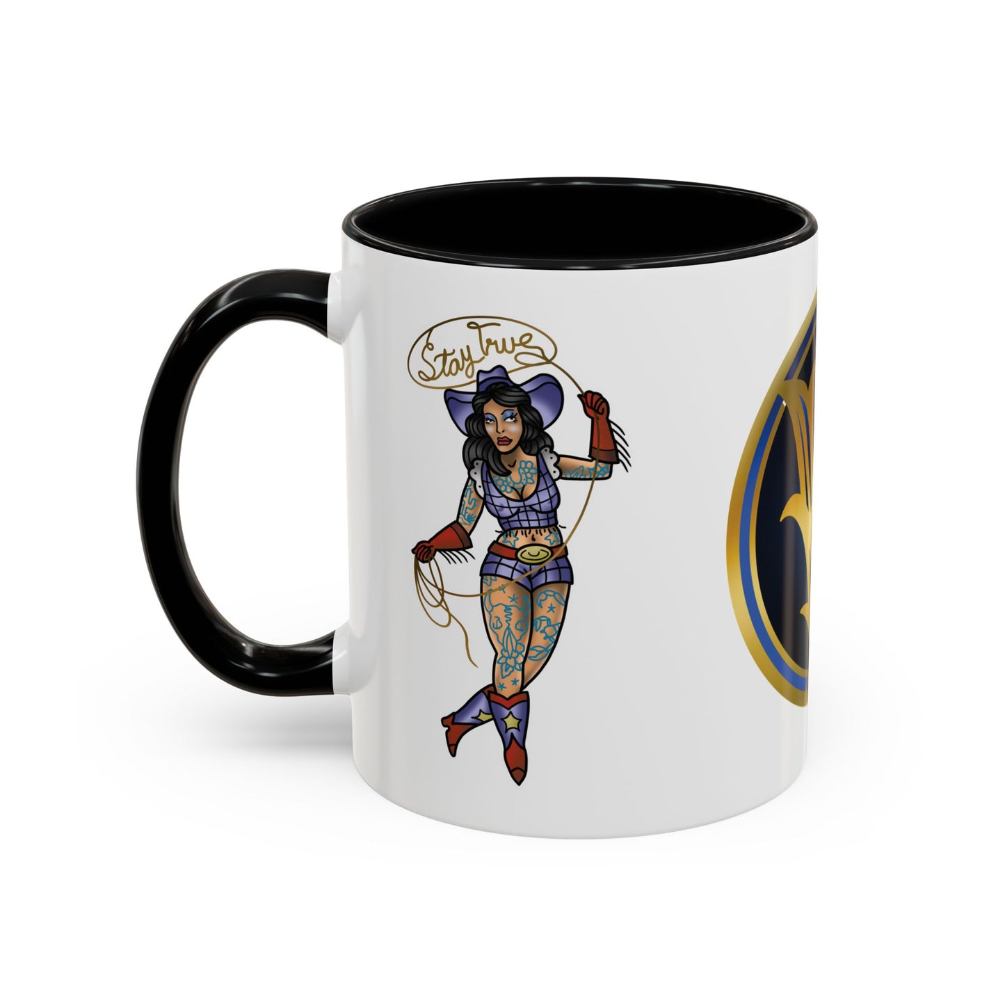 Accent Coffee Mug — Vintage Gold 'V' Monogram & Pin-Up Cowgirl Illustration (11oz/15oz)