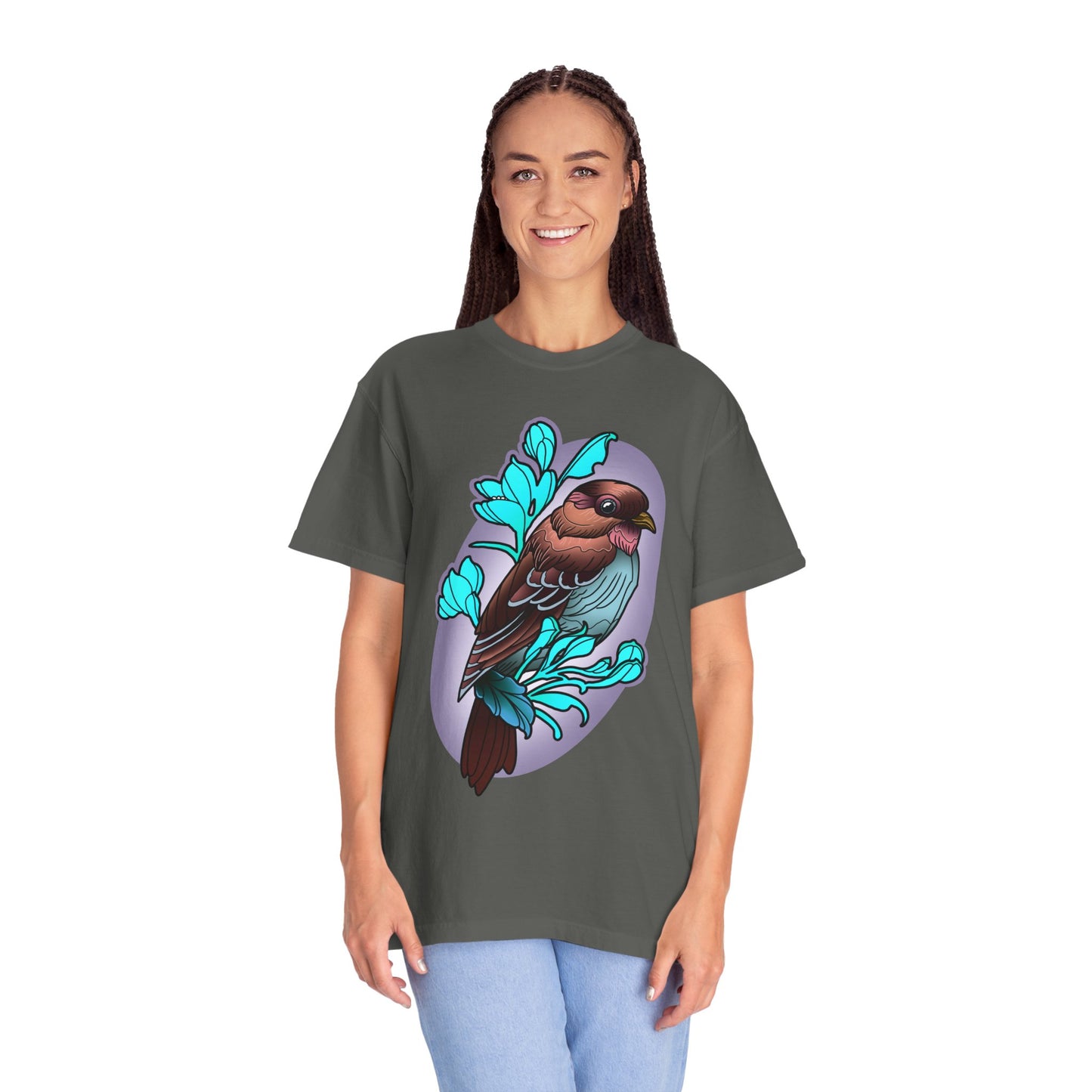 Bird Illustration T-Shirt — Colorful Sparrow on Floral Branch Tee