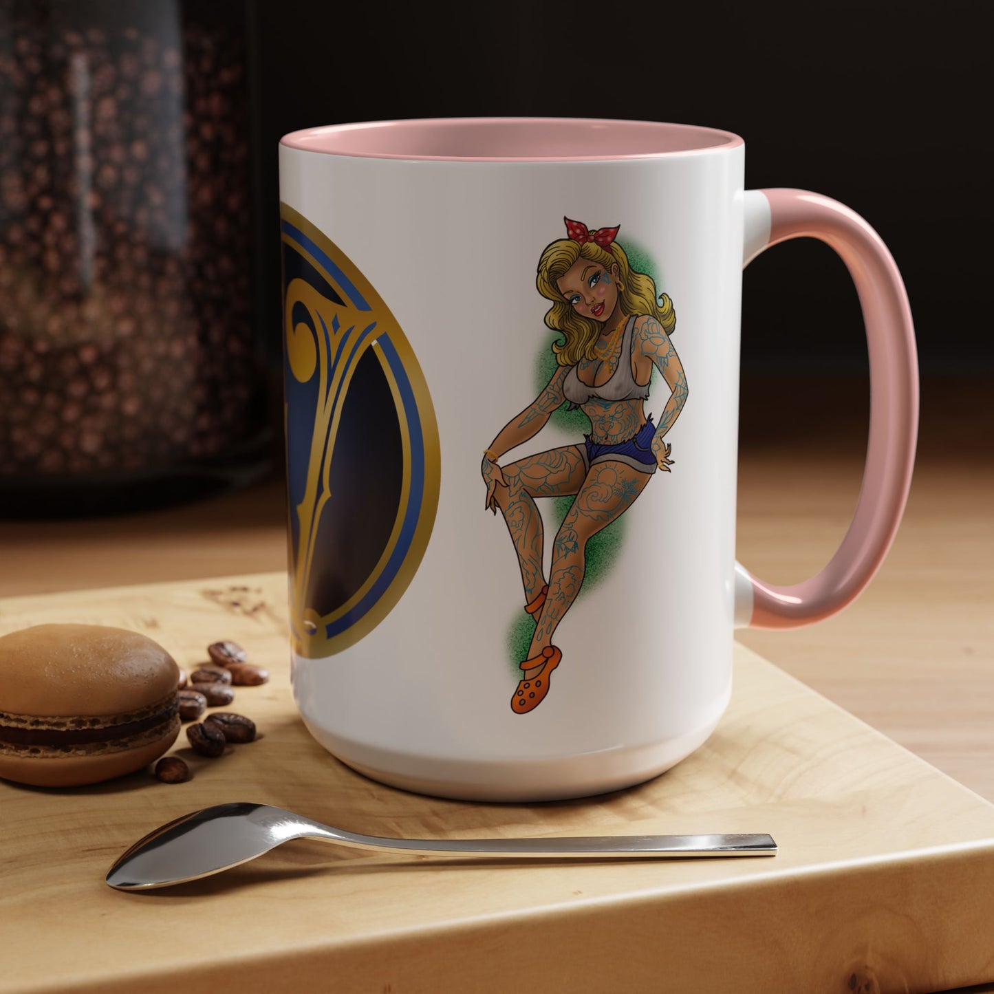 Vintage Pin-Up Coffee Mug with Gold Monogram V — Retro Tattoo Style Accent Mug (11/15oz)