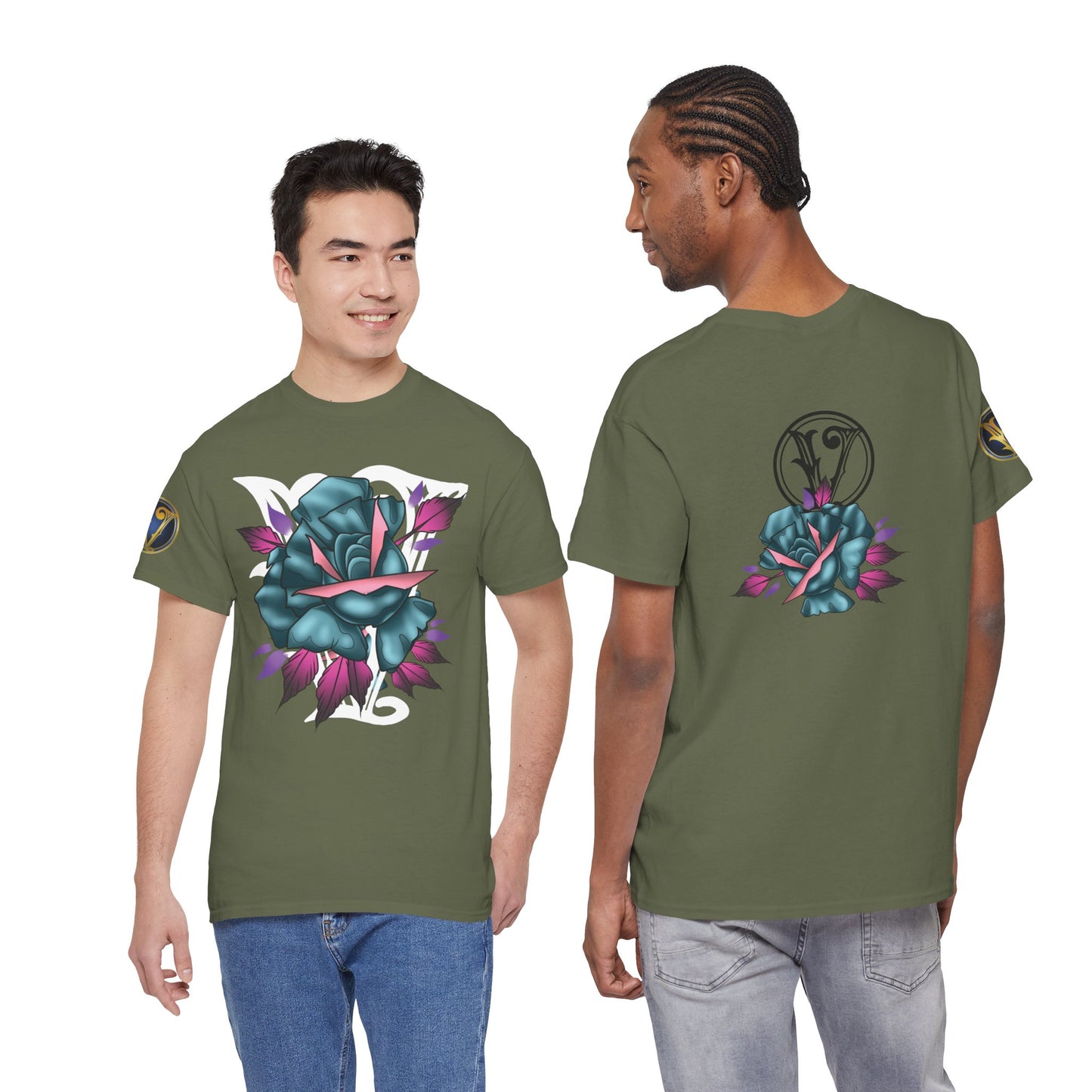Blue & Pink Rose Graphic Tee — Vintage Floral Tattoo Shirt