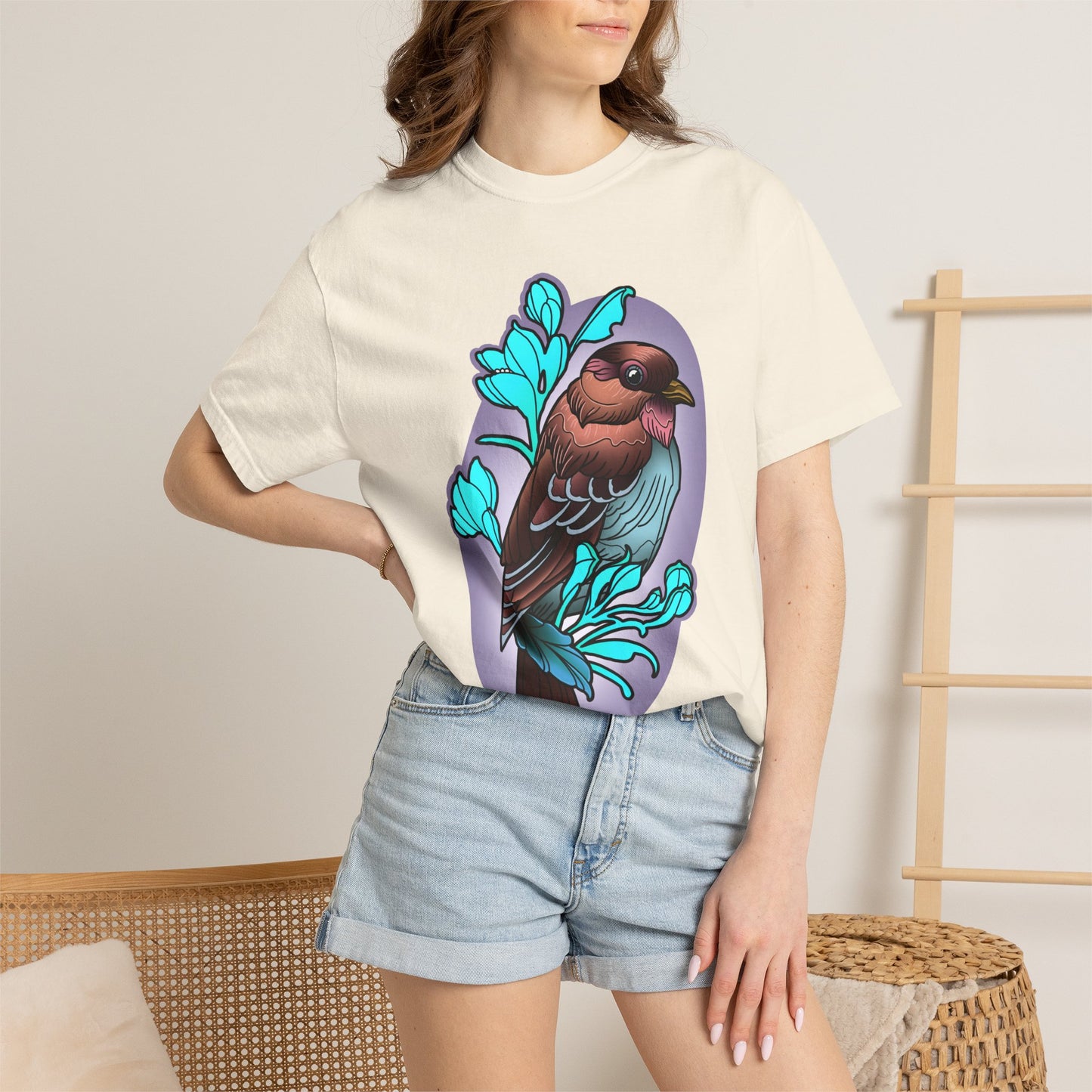 Bird Illustration T-Shirt — Colorful Sparrow on Floral Branch Tee