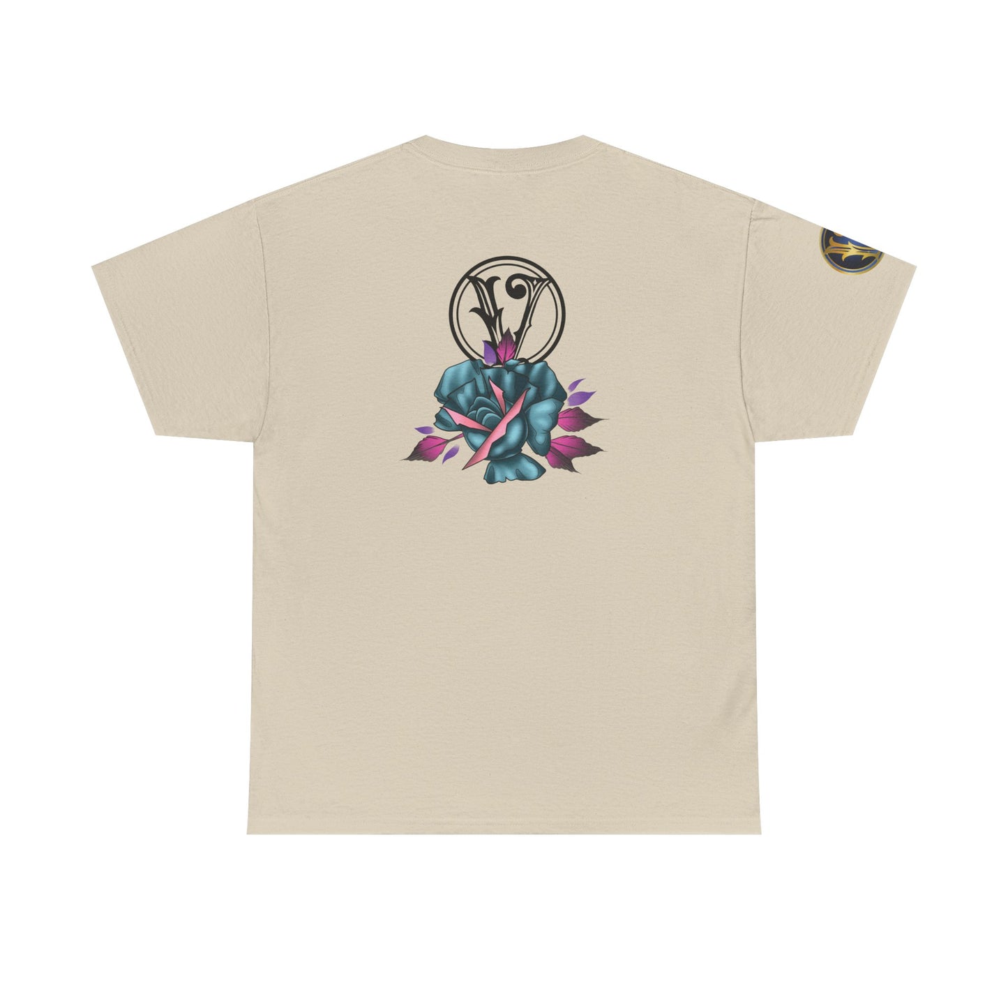 Blue & Pink Rose Graphic Tee — Vintage Floral Tattoo Shirt