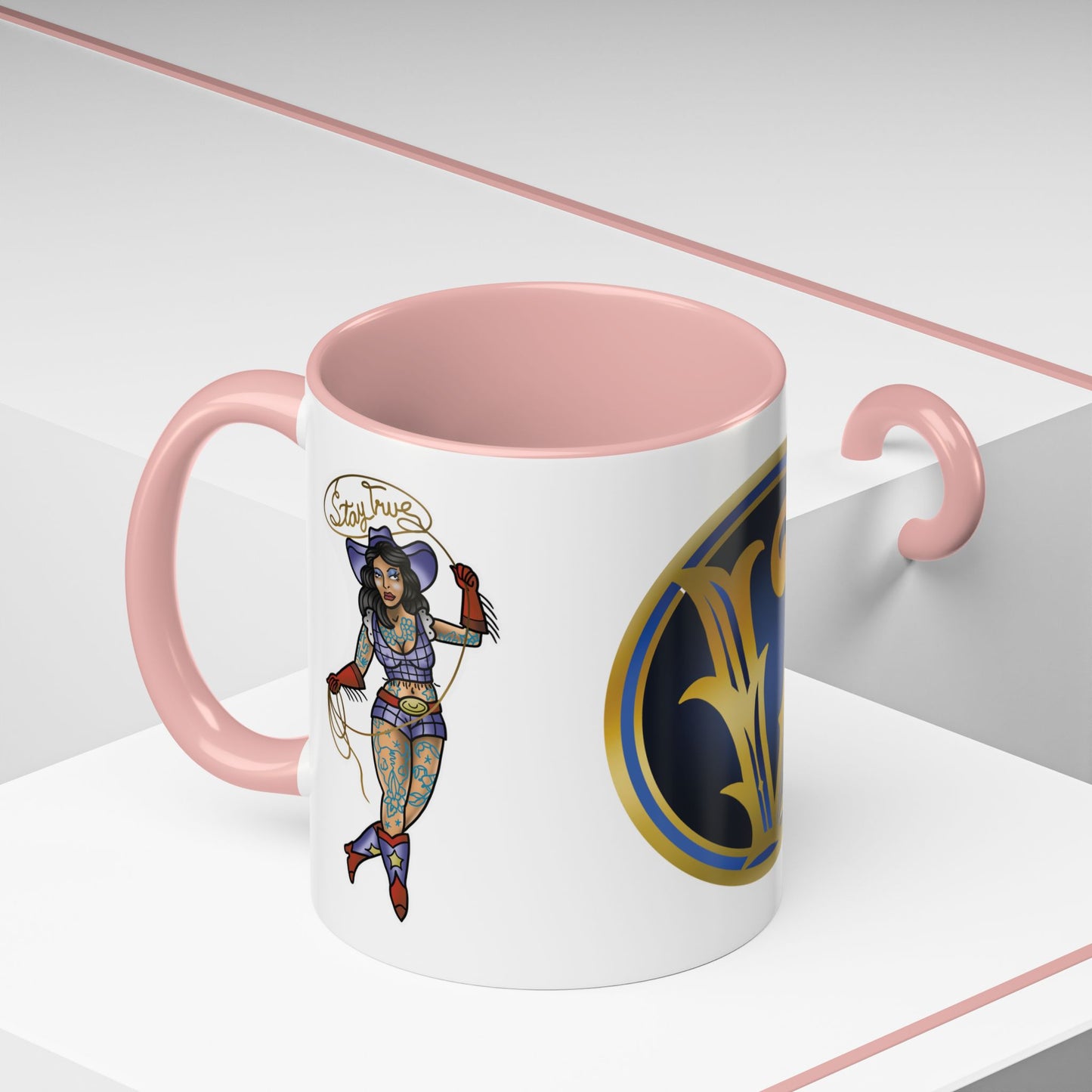 Accent Coffee Mug — Vintage Gold 'V' Monogram & Pin-Up Cowgirl Illustration (11oz/15oz)