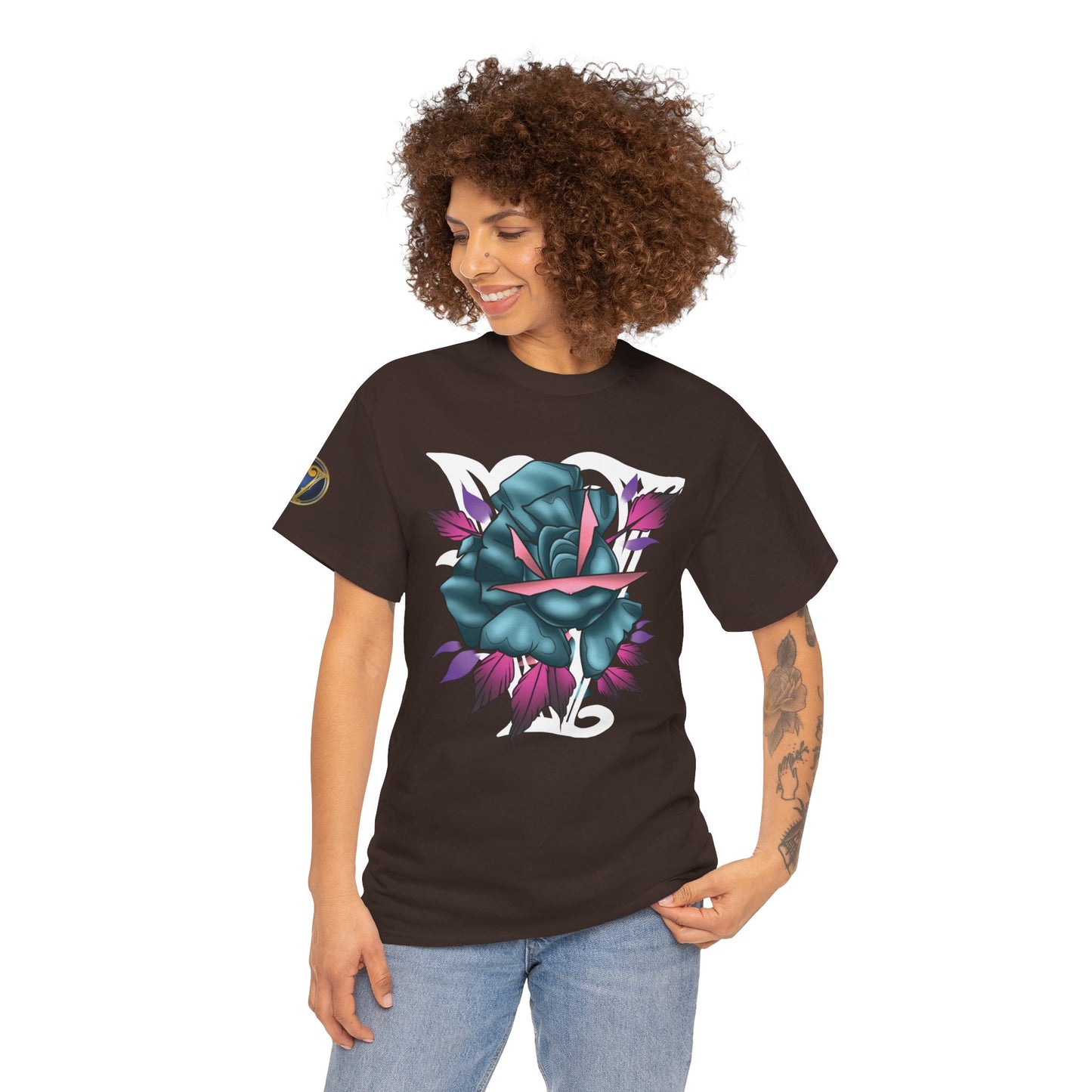 Blue & Pink Rose Graphic Tee — Vintage Floral Tattoo Shirt