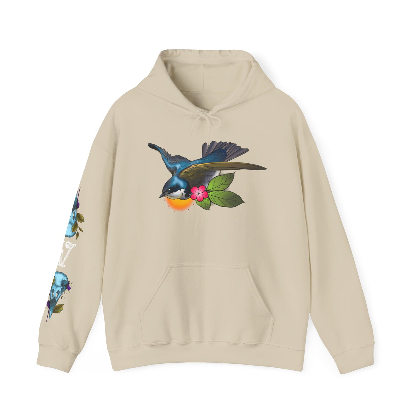 Swallow & Blossom Hoodie – Blue Bird Floral Graphic Sweatshirt