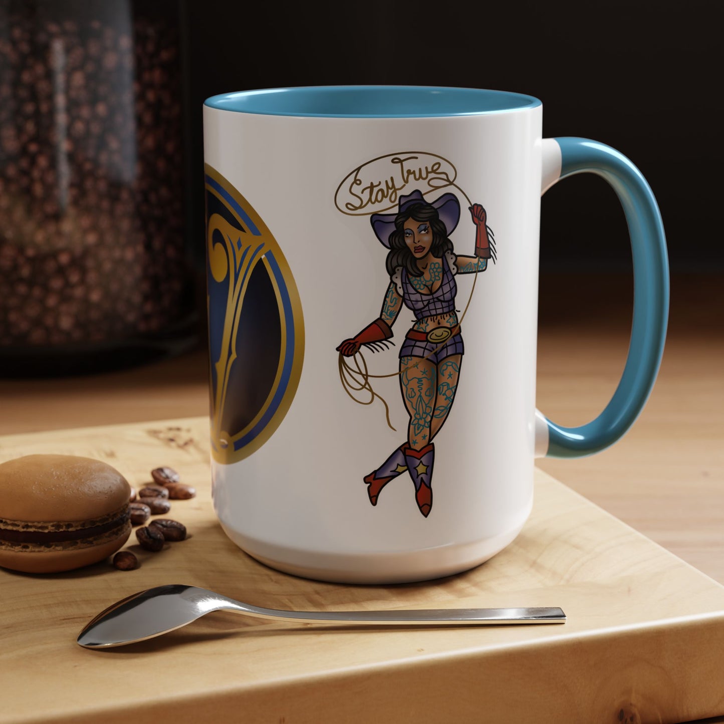 Accent Coffee Mug — Vintage Gold 'V' Monogram & Pin-Up Cowgirl Illustration (11oz/15oz)