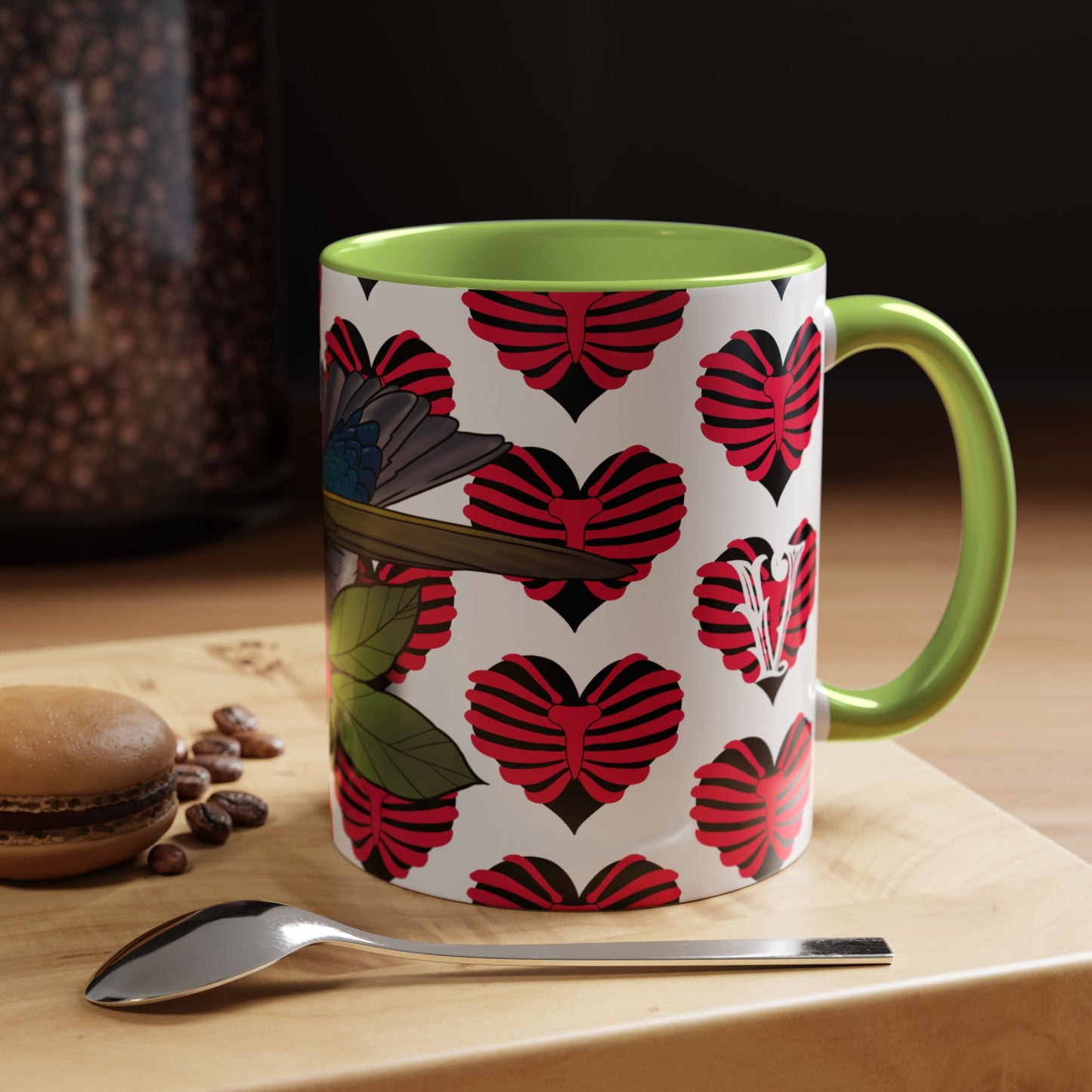 Bird & Hearts Accent Coffee Mug – Colorful Songbird Pattern (11/15oz)
