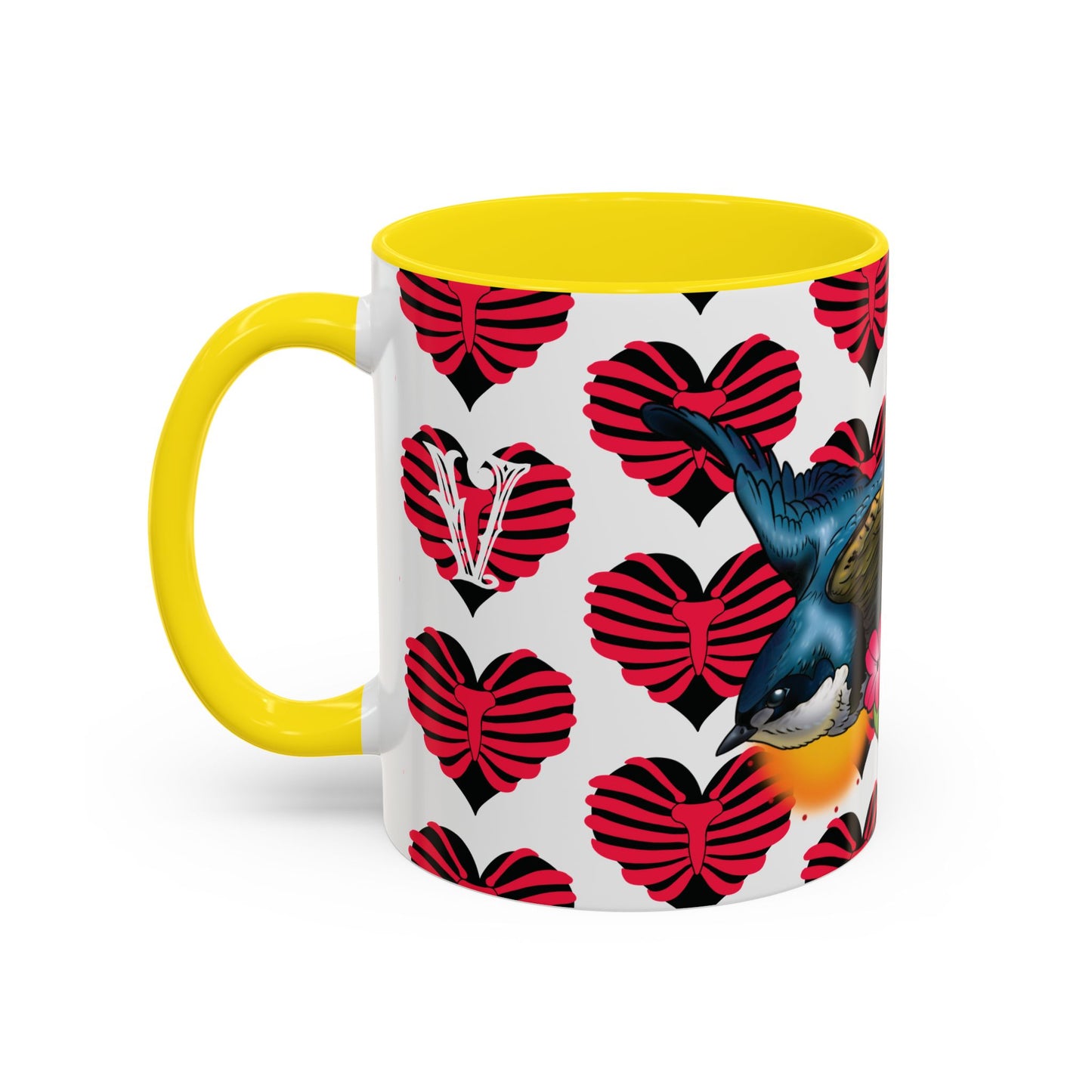 Bird & Hearts Accent Coffee Mug – Colorful Songbird Pattern (11/15oz)