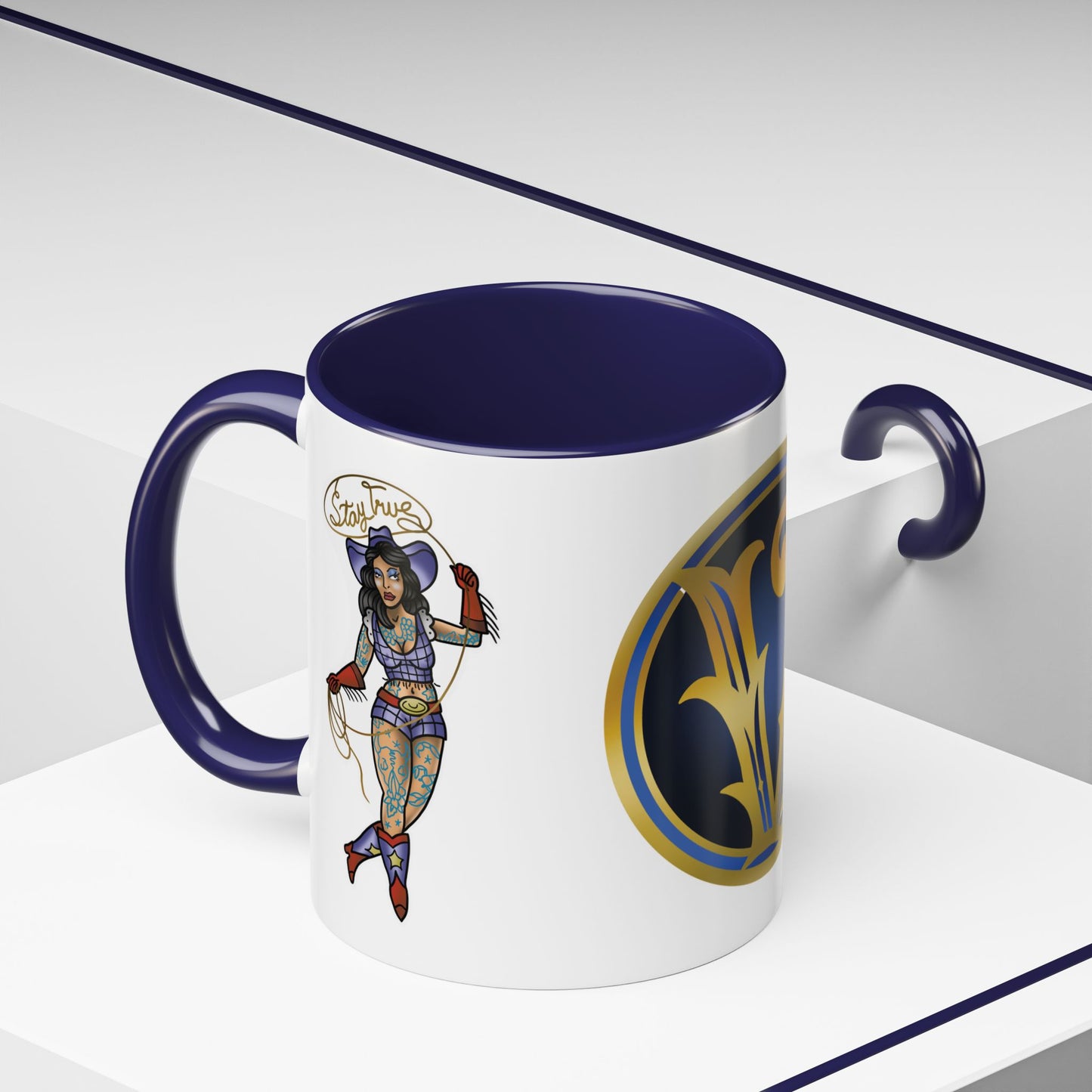 Accent Coffee Mug — Vintage Gold 'V' Monogram & Pin-Up Cowgirl Illustration (11oz/15oz)