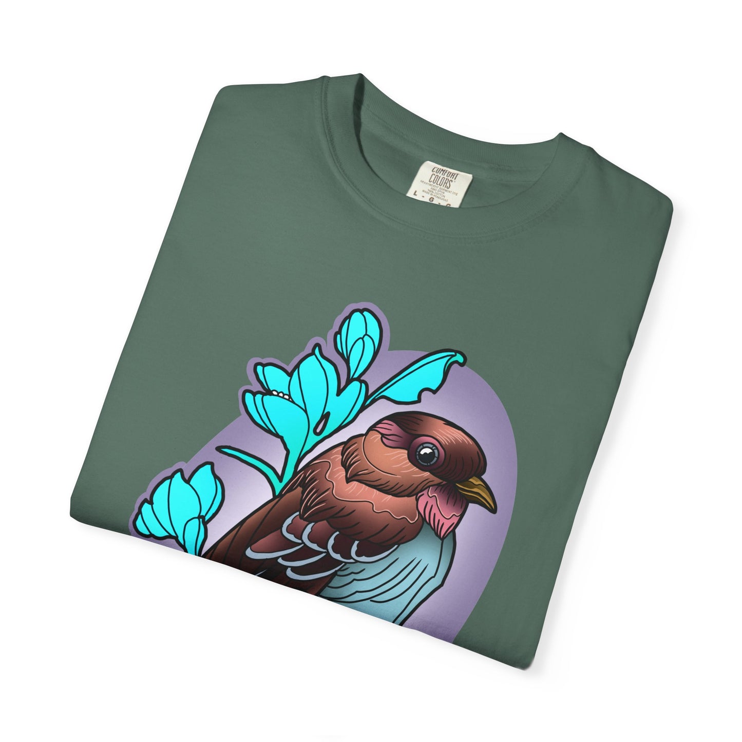 Bird Illustration T-Shirt — Colorful Sparrow on Floral Branch Tee