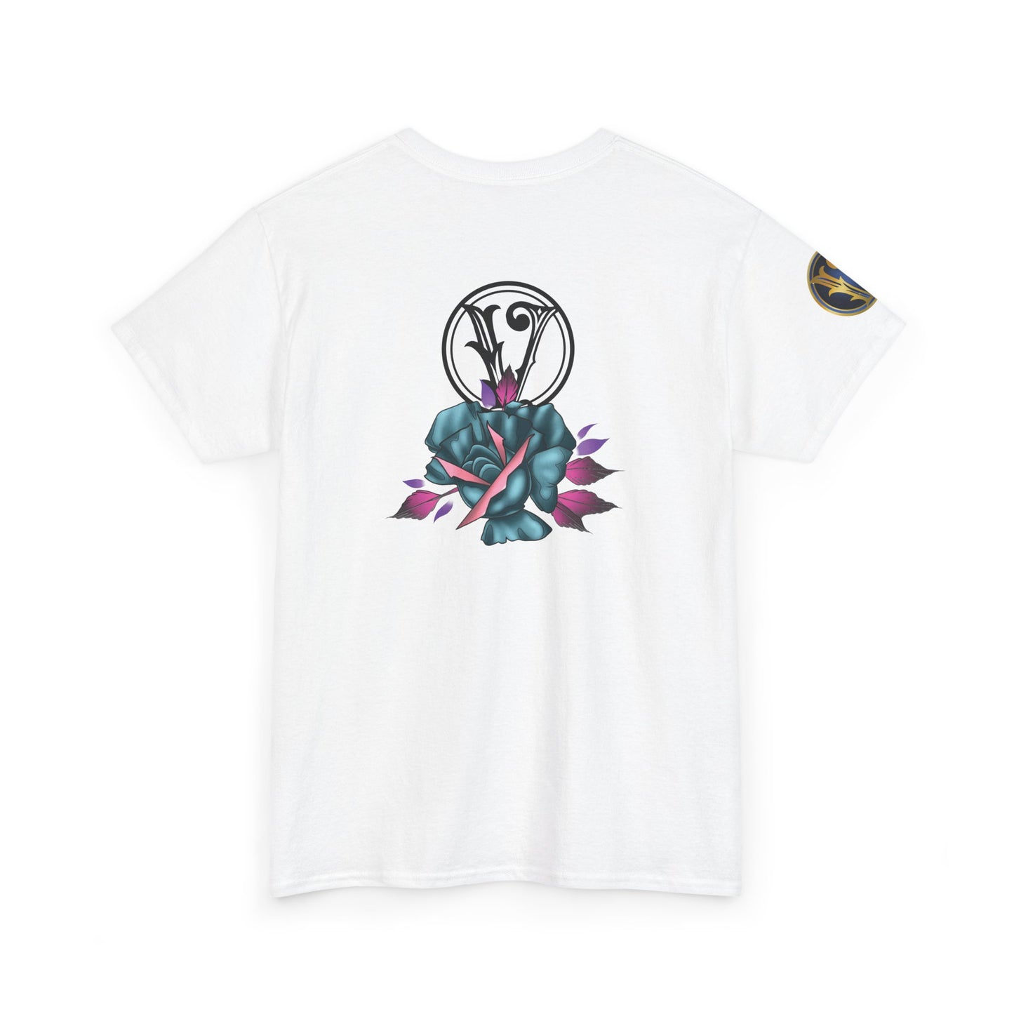 Blue & Pink Rose Graphic Tee — Vintage Floral Tattoo Shirt