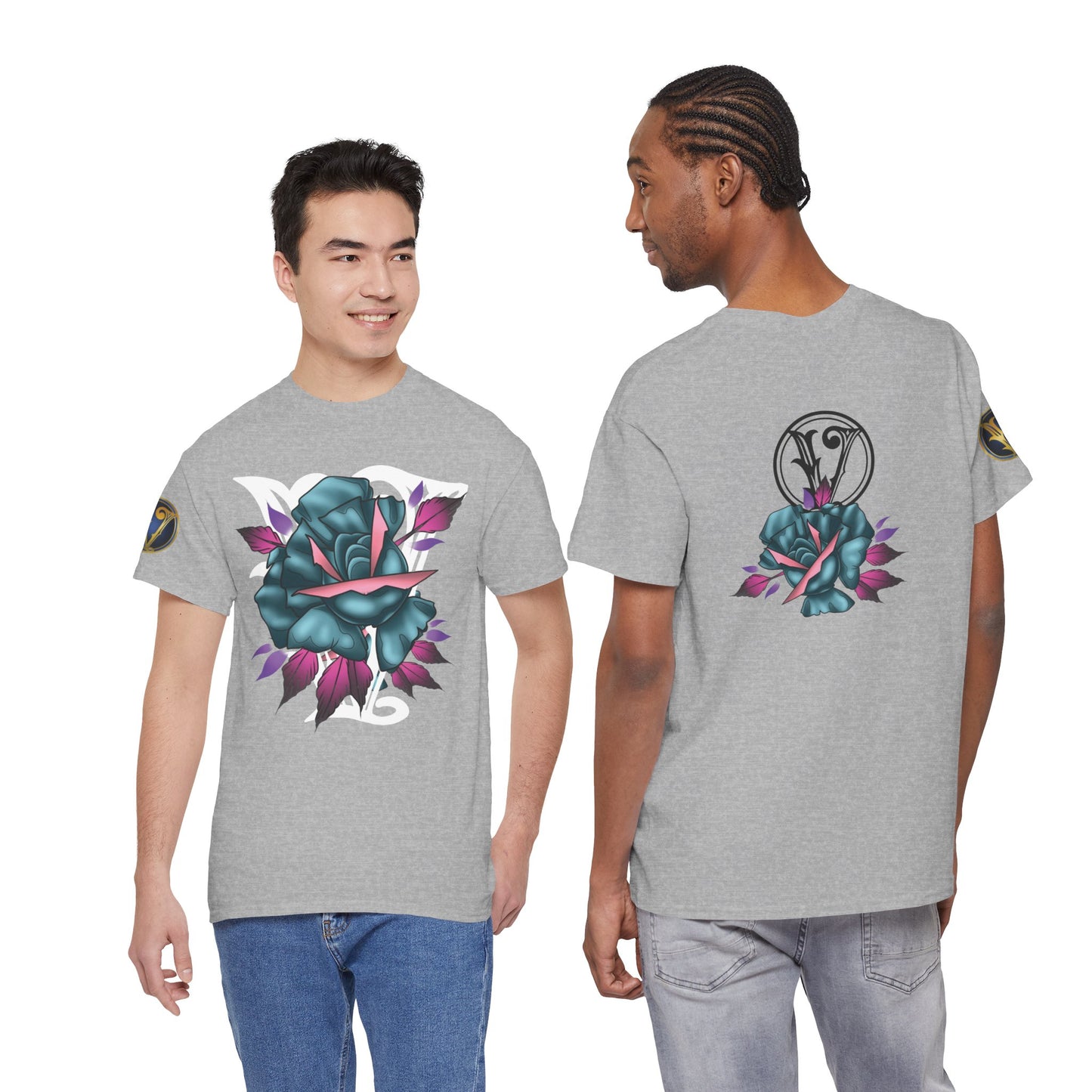 Blue & Pink Rose Graphic Tee — Vintage Floral Tattoo Shirt