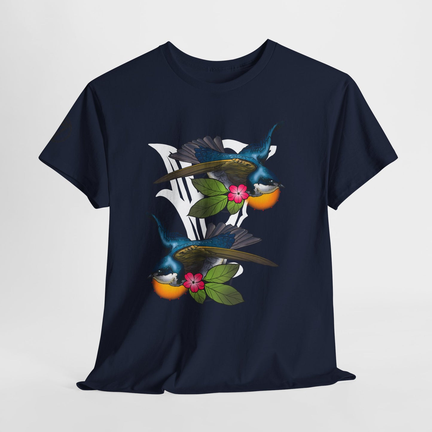 Bird Skull & Swallow Art Tee — Vibrant Blue Bird Illustration T-Shirt