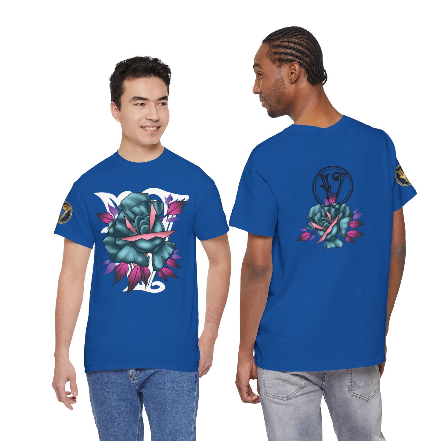 Blue & Pink Rose Graphic Tee — Vintage Floral Tattoo Shirt
