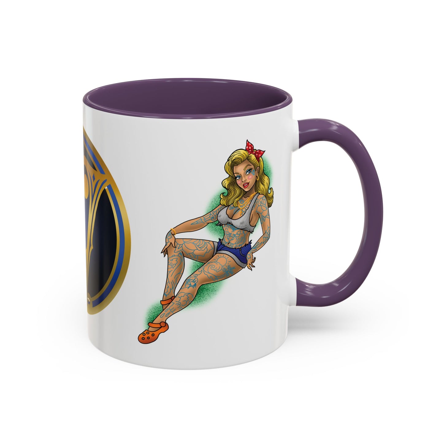 Vintage Pin-Up Coffee Mug with Gold Monogram V — Retro Tattoo Style Accent Mug (11/15oz)