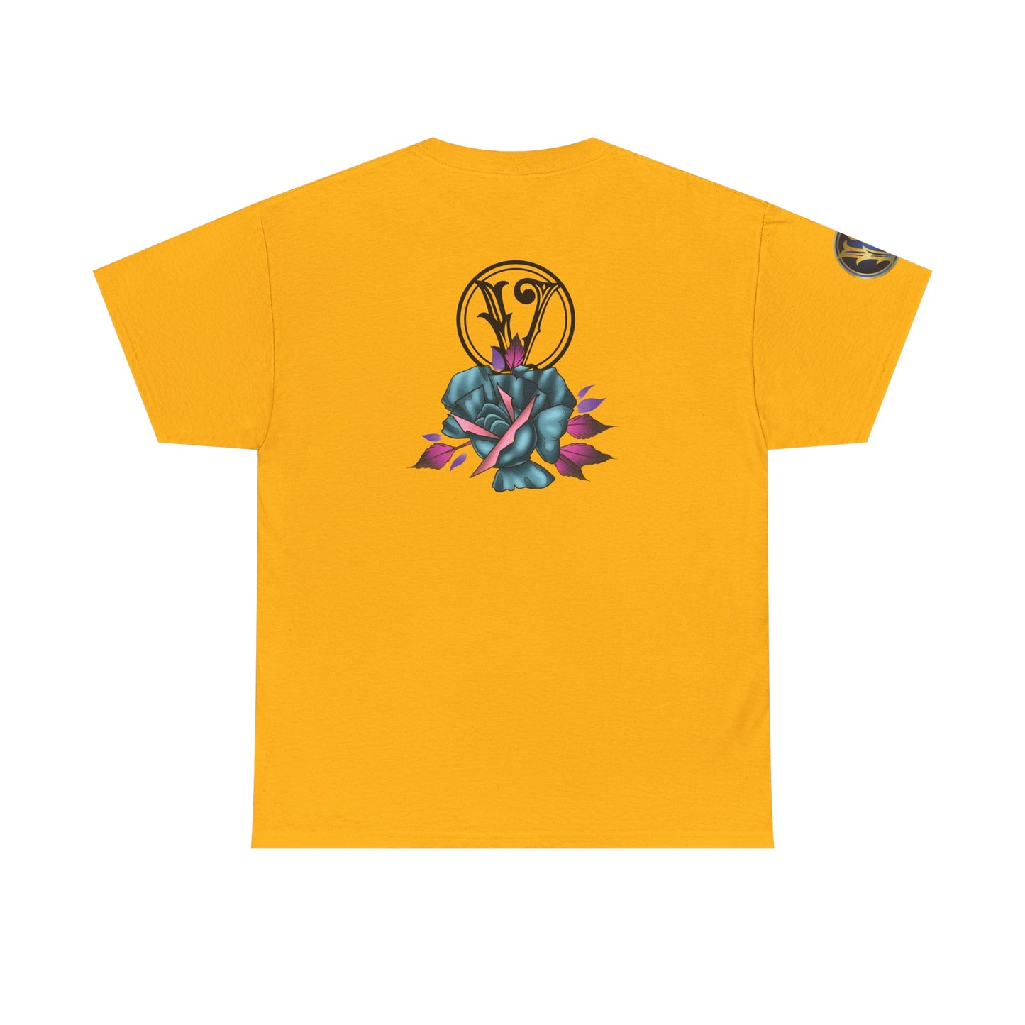Blue & Pink Rose Graphic Tee — Vintage Floral Tattoo Shirt