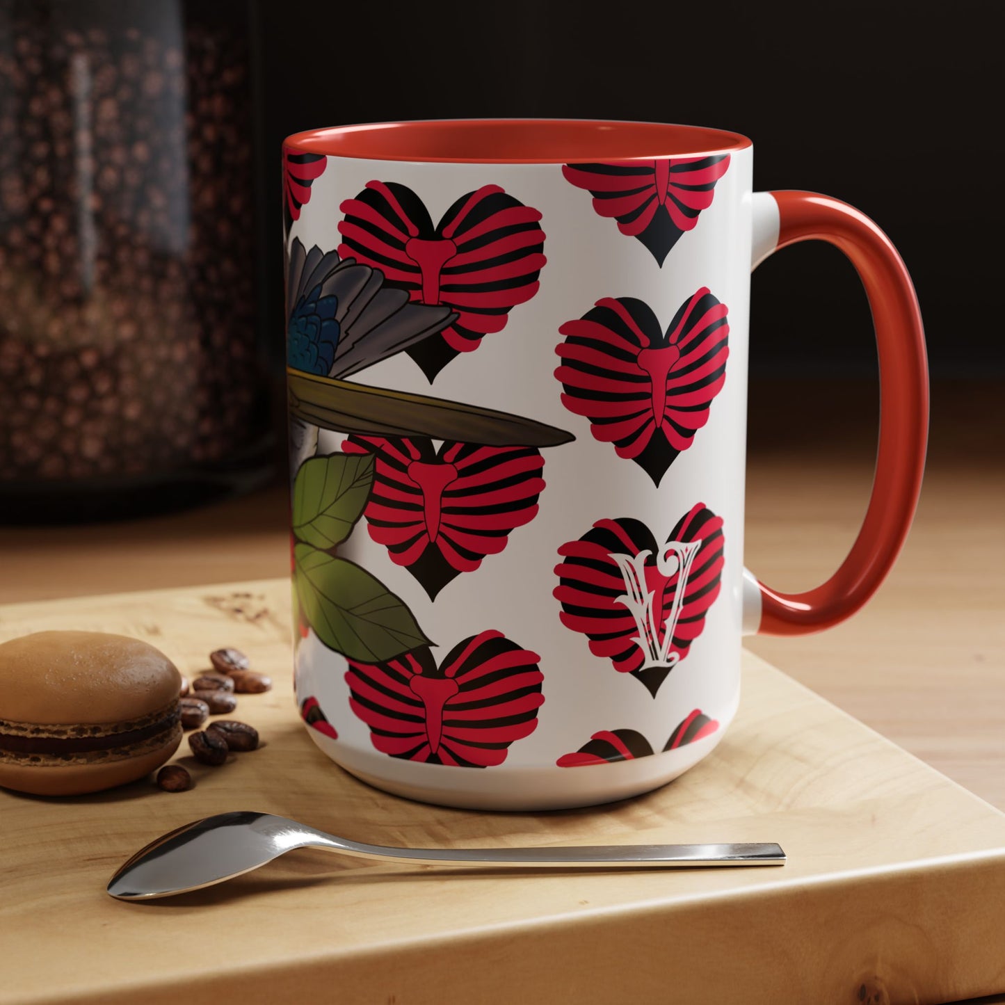 Bird & Hearts Accent Coffee Mug – Colorful Songbird Pattern (11/15oz)
