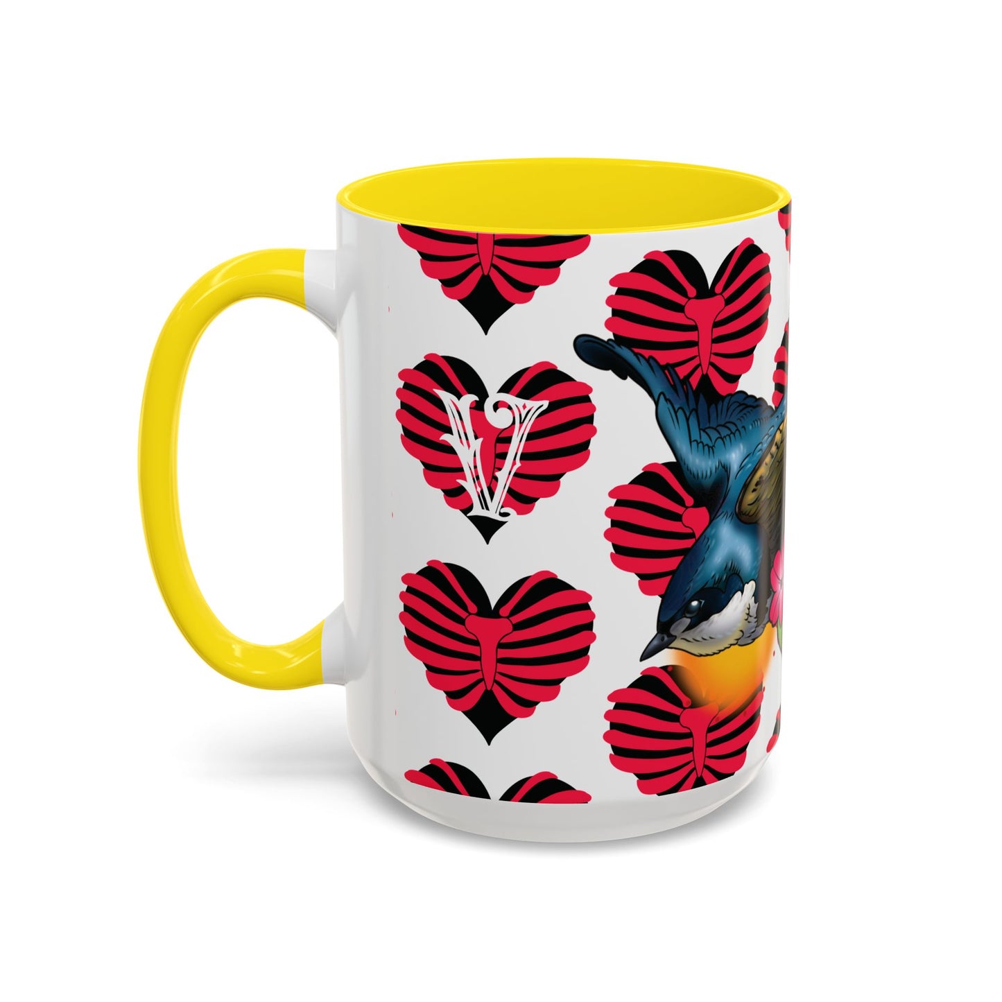 Bird & Hearts Accent Coffee Mug – Colorful Songbird Pattern (11/15oz)