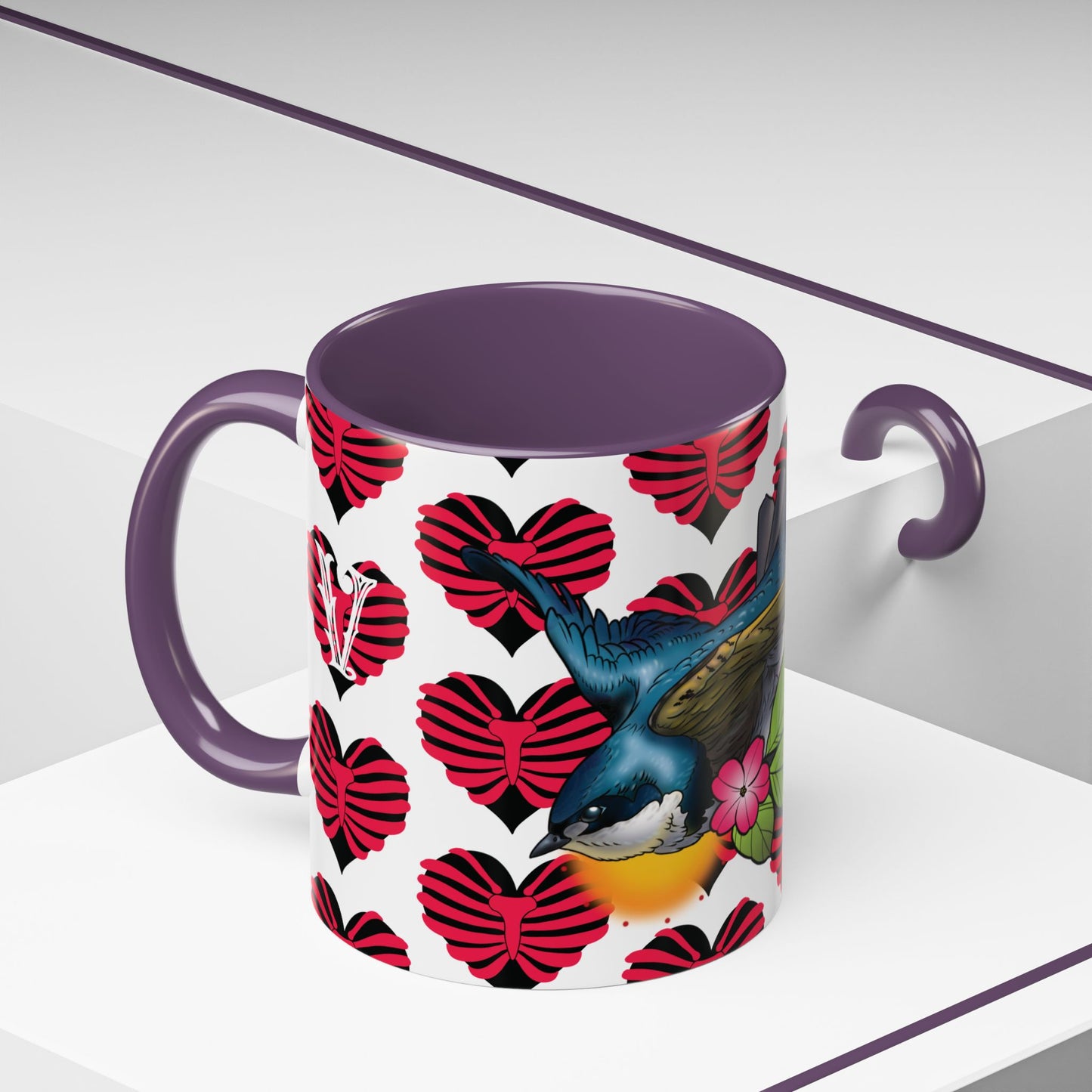 Bird & Hearts Accent Coffee Mug – Colorful Songbird Pattern (11/15oz)