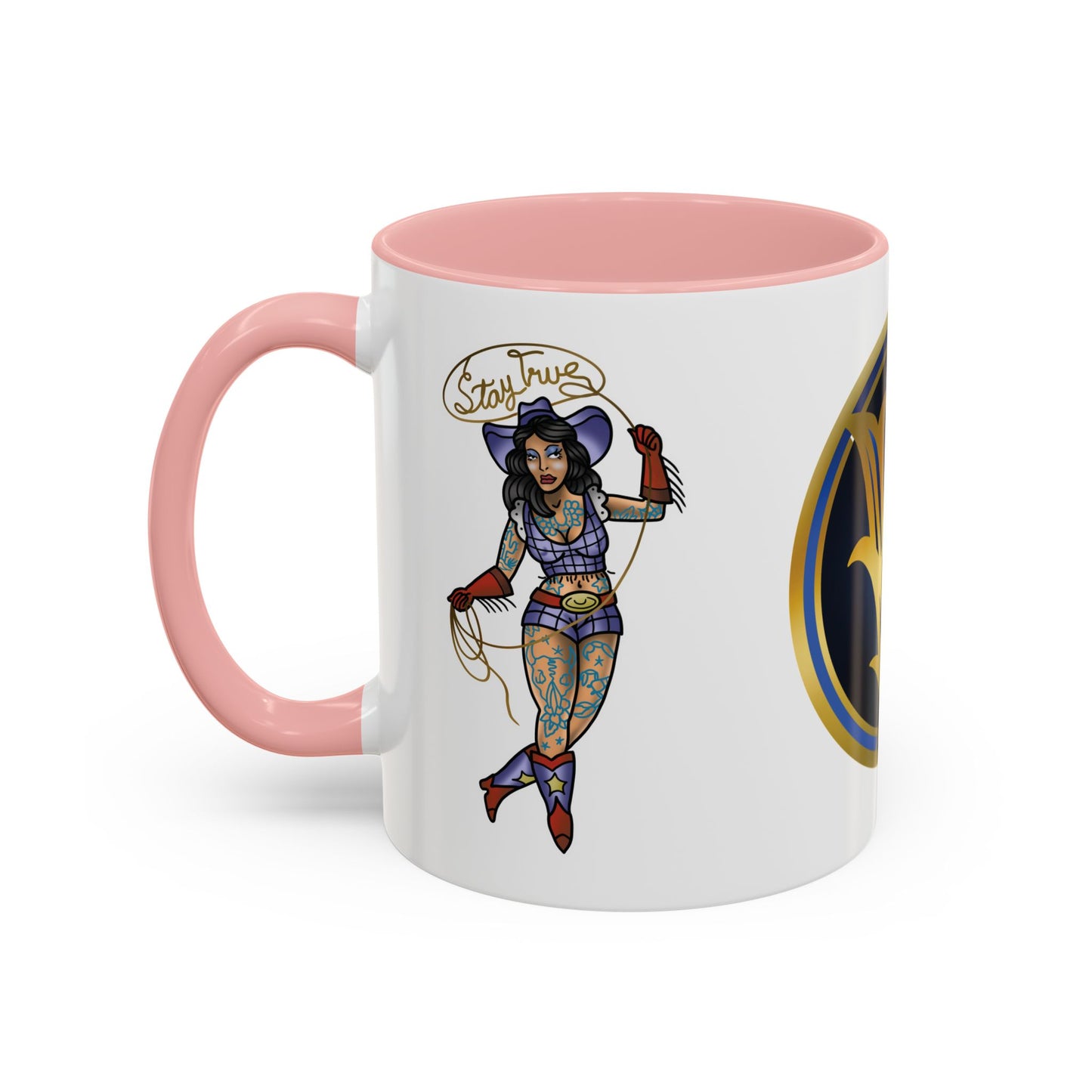 Accent Coffee Mug — Vintage Gold 'V' Monogram & Pin-Up Cowgirl Illustration (11oz/15oz)