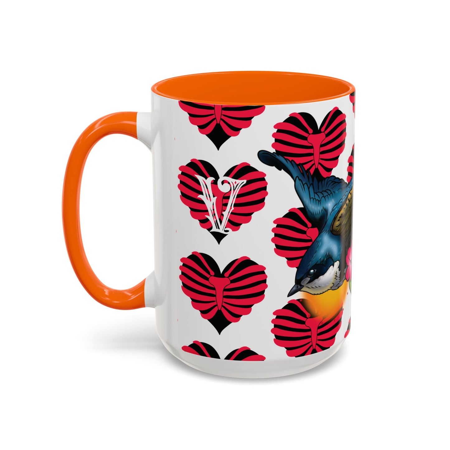 Bird & Hearts Accent Coffee Mug – Colorful Songbird Pattern (11/15oz)