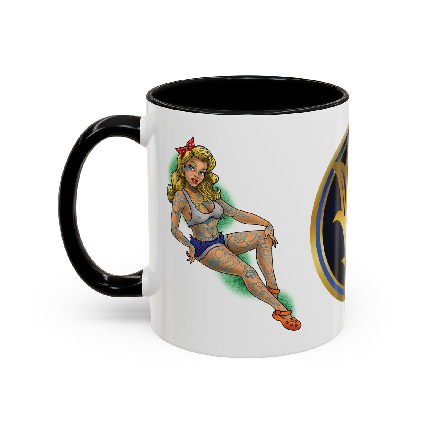 Vintage Pin-Up Coffee Mug with Gold Monogram V — Retro Tattoo Style Accent Mug (11/15oz)