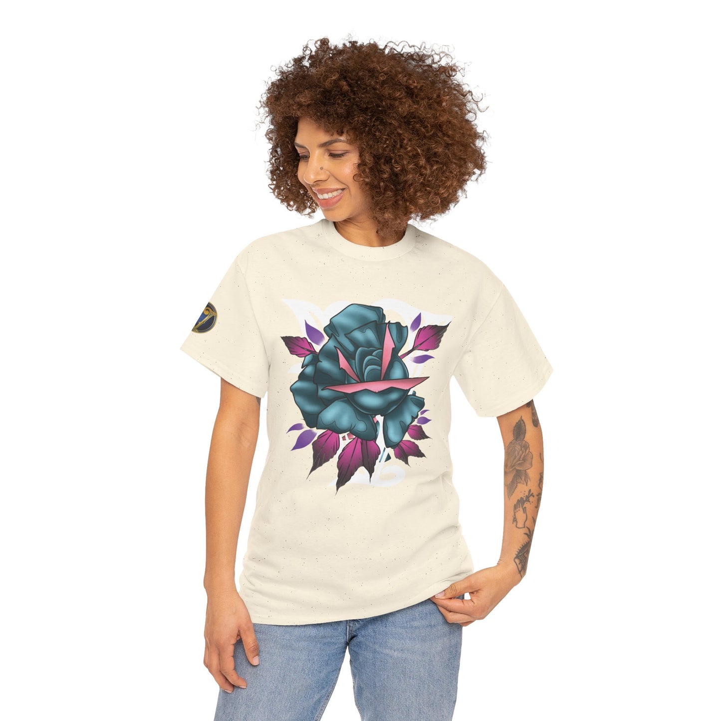 Blue & Pink Rose Graphic Tee — Vintage Floral Tattoo Shirt
