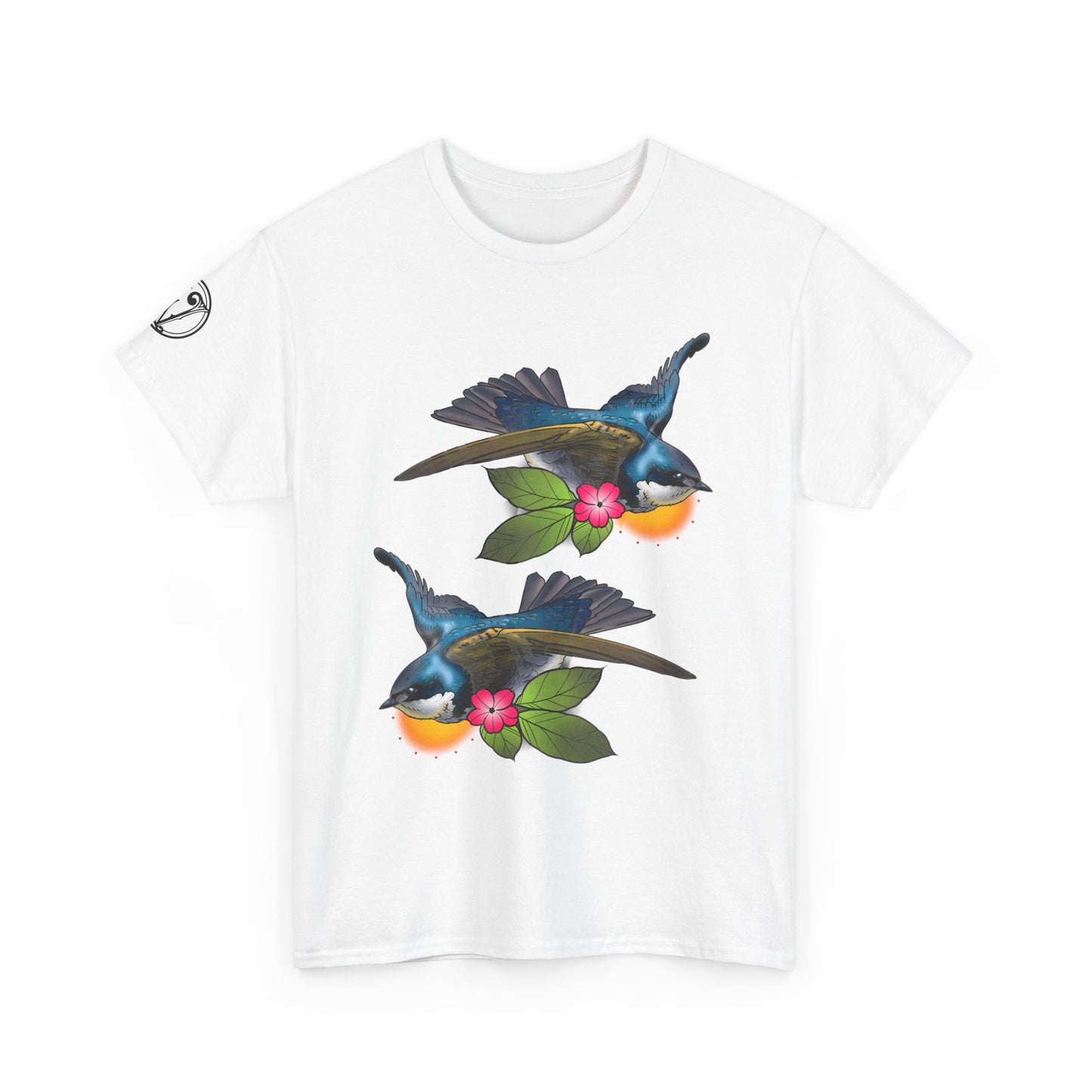 Bird Skull & Swallow Art Tee — Vibrant Blue Bird Illustration T-Shirt