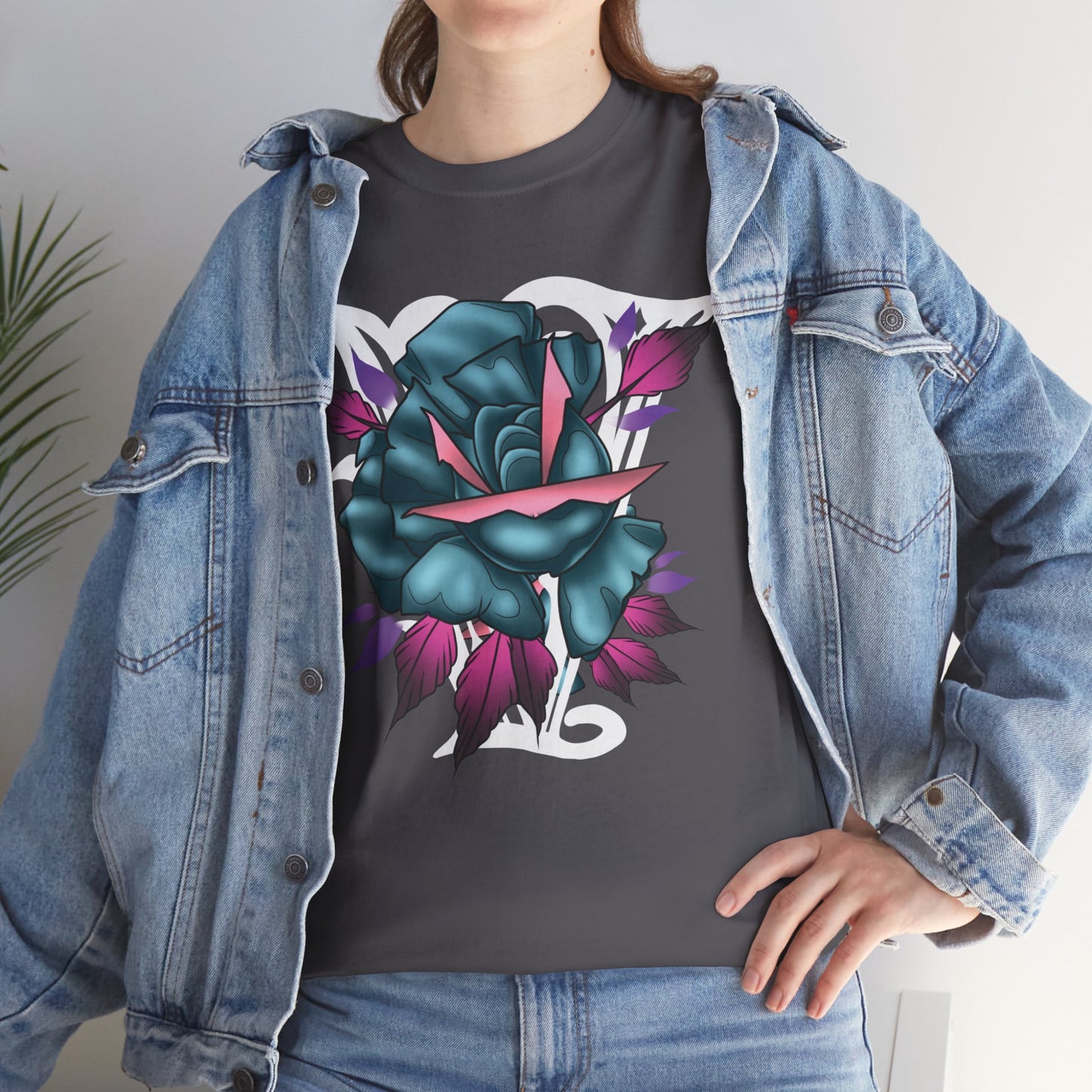 Blue & Pink Rose Graphic Tee — Vintage Floral Tattoo Shirt