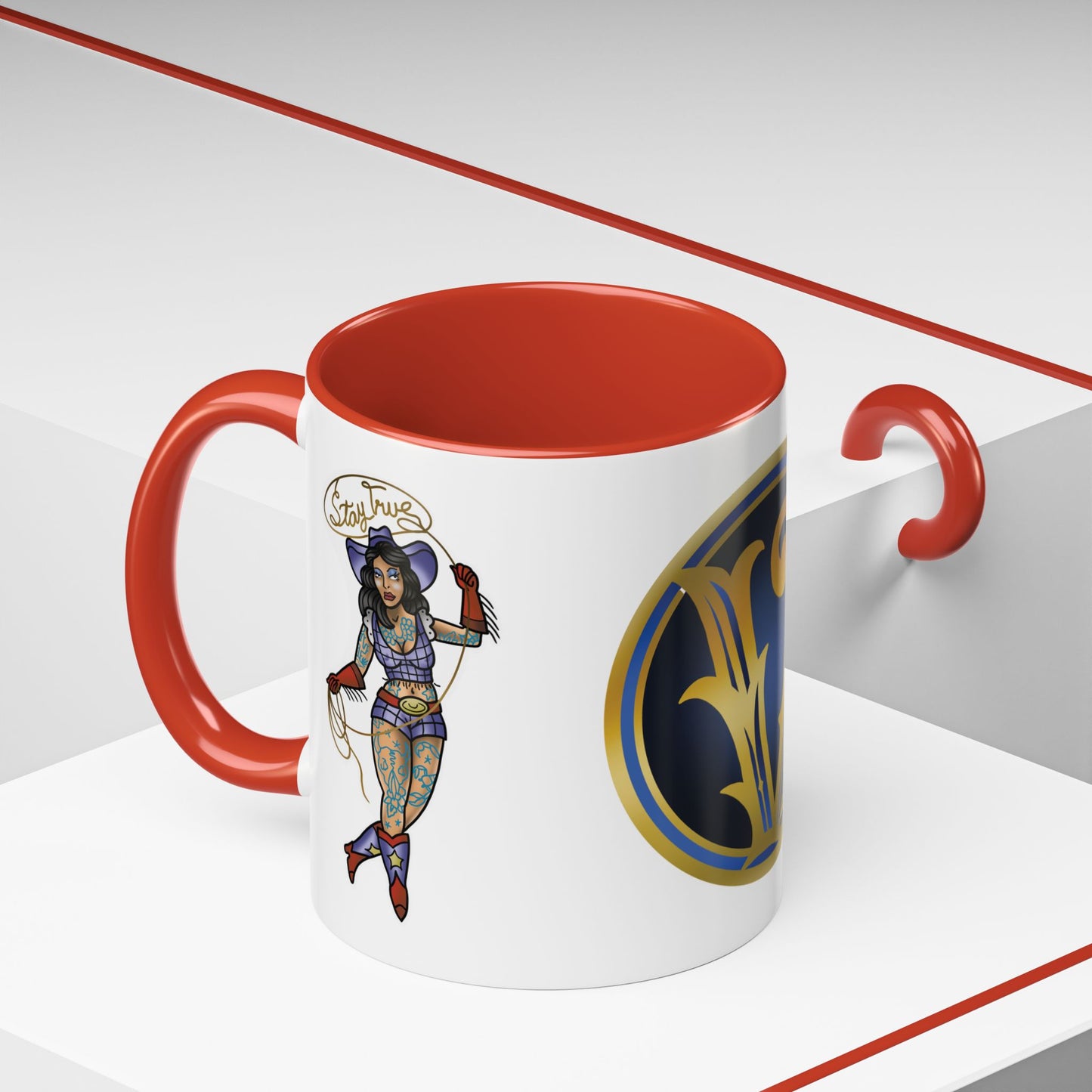 Accent Coffee Mug — Vintage Gold 'V' Monogram & Pin-Up Cowgirl Illustration (11oz/15oz)