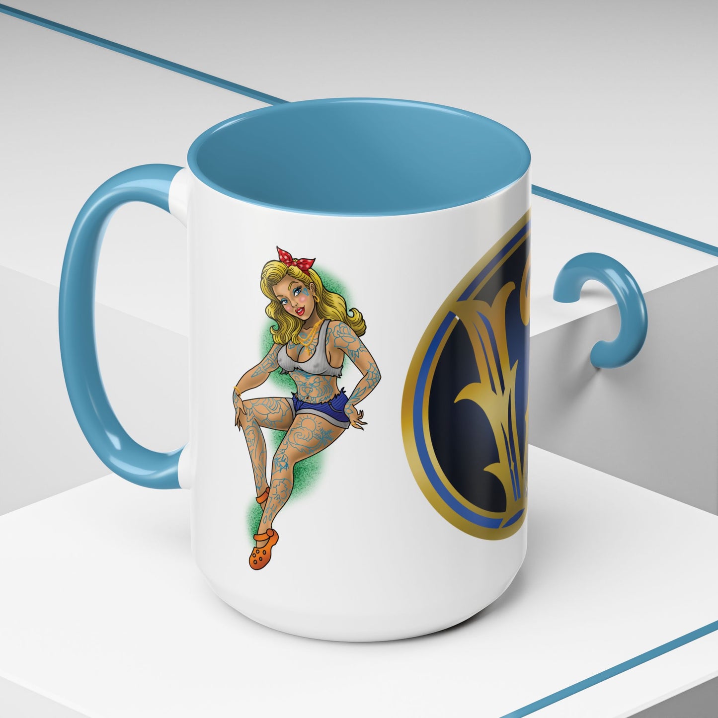 Vintage Pin-Up Coffee Mug with Gold Monogram V — Retro Tattoo Style Accent Mug (11/15oz)