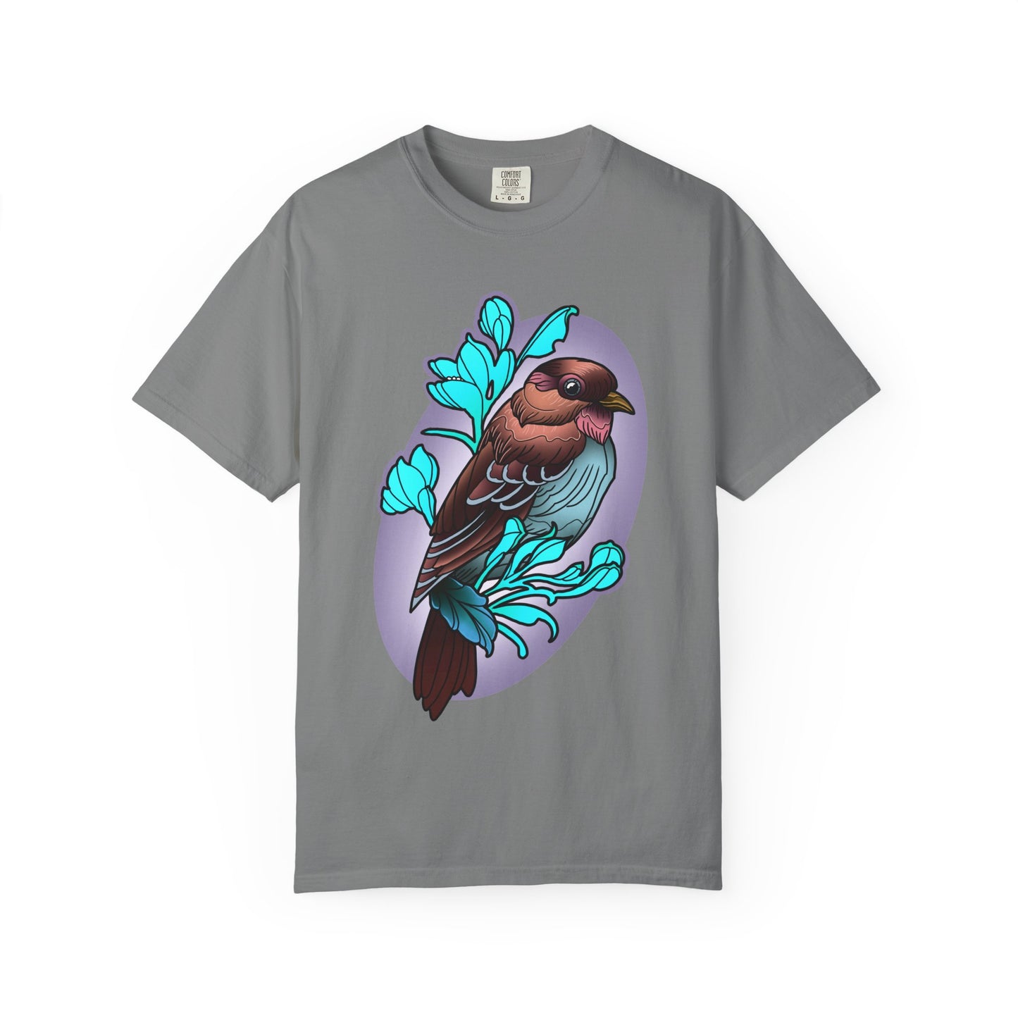 Bird Illustration T-Shirt — Colorful Sparrow on Floral Branch Tee