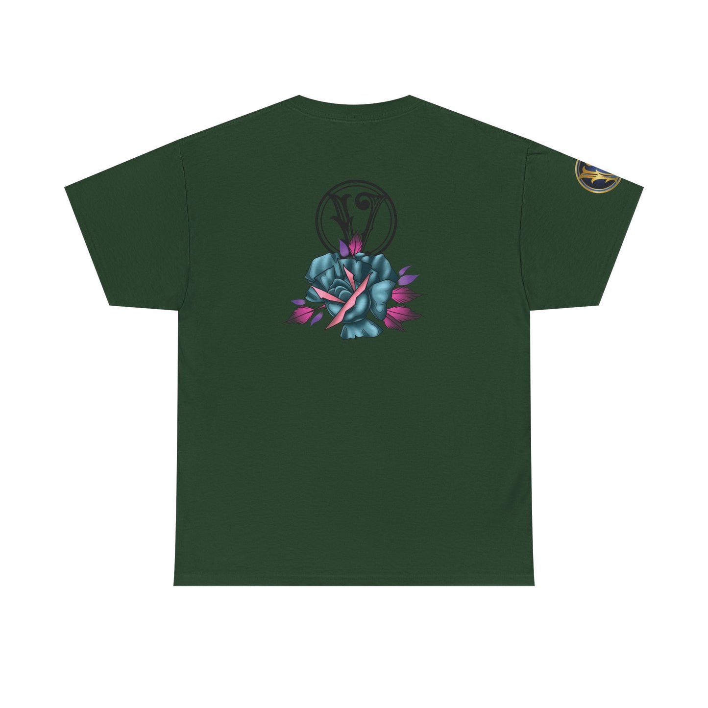 Blue & Pink Rose Graphic Tee — Vintage Floral Tattoo Shirt