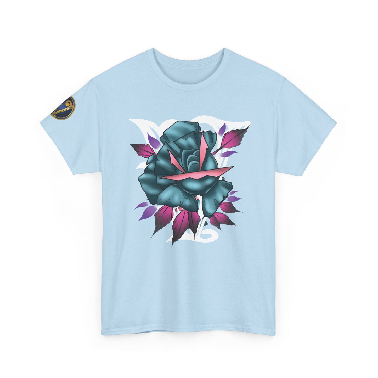 Blue & Pink Rose Graphic Tee — Vintage Floral Tattoo Shirt