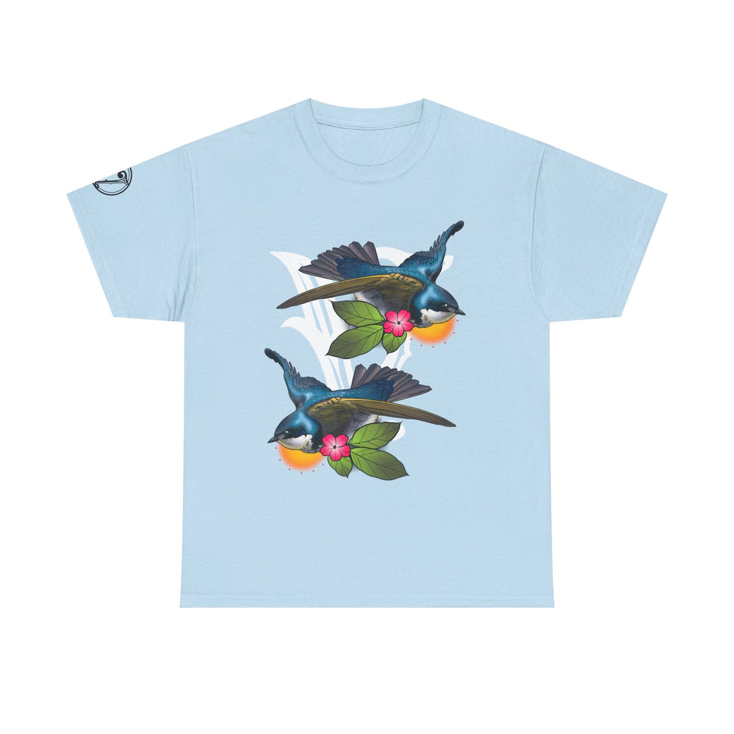 Bird Skull & Swallow Art Tee — Vibrant Blue Bird Illustration T-Shirt