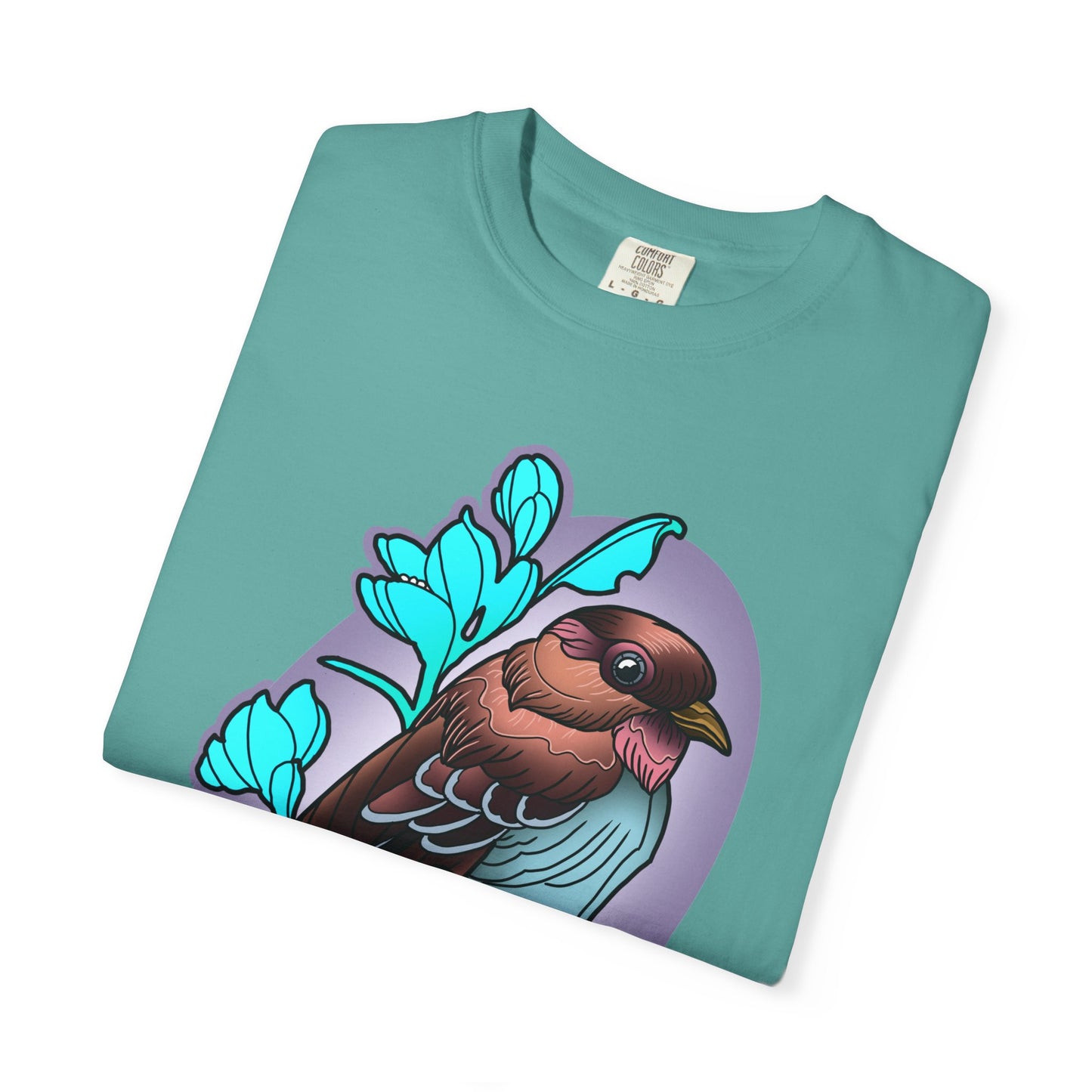 Bird Illustration T-Shirt — Colorful Sparrow on Floral Branch Tee
