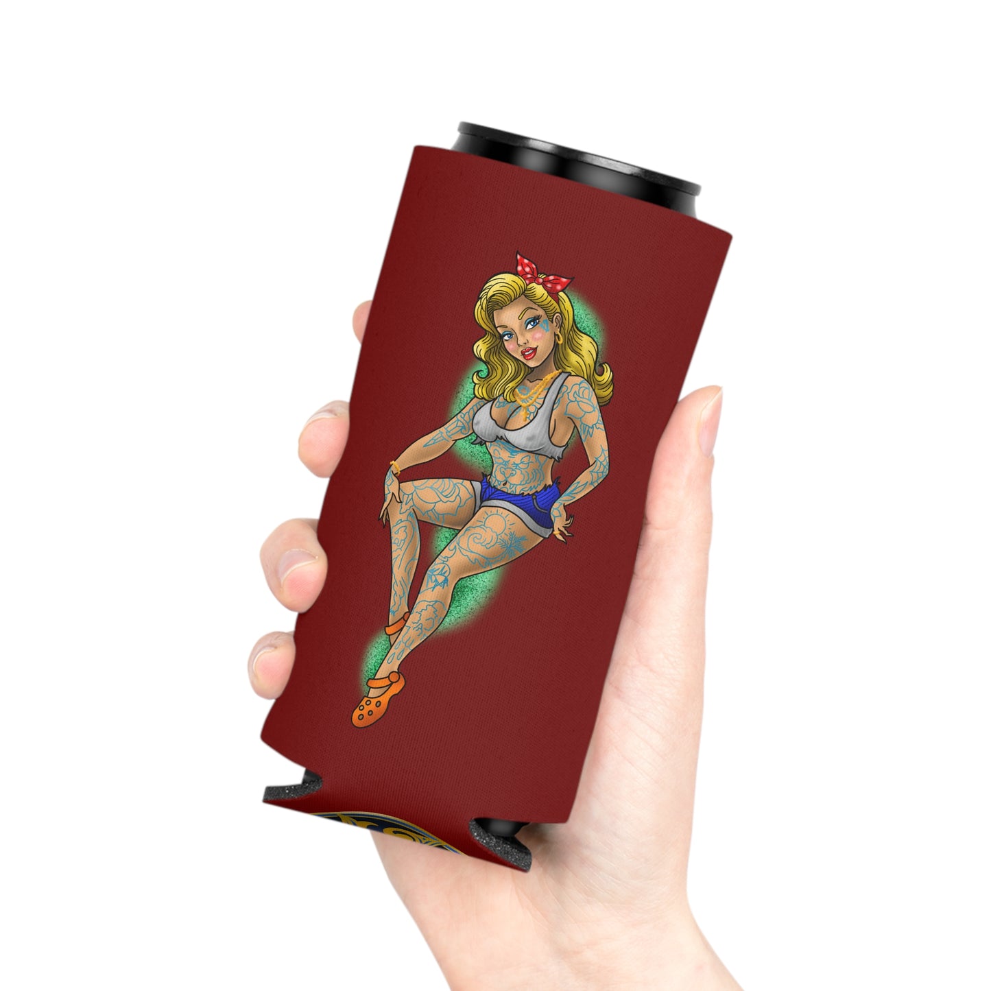 Tattoo Pin-Up Can Cooler – Retro Rockabilly Girl Beverage Koozie