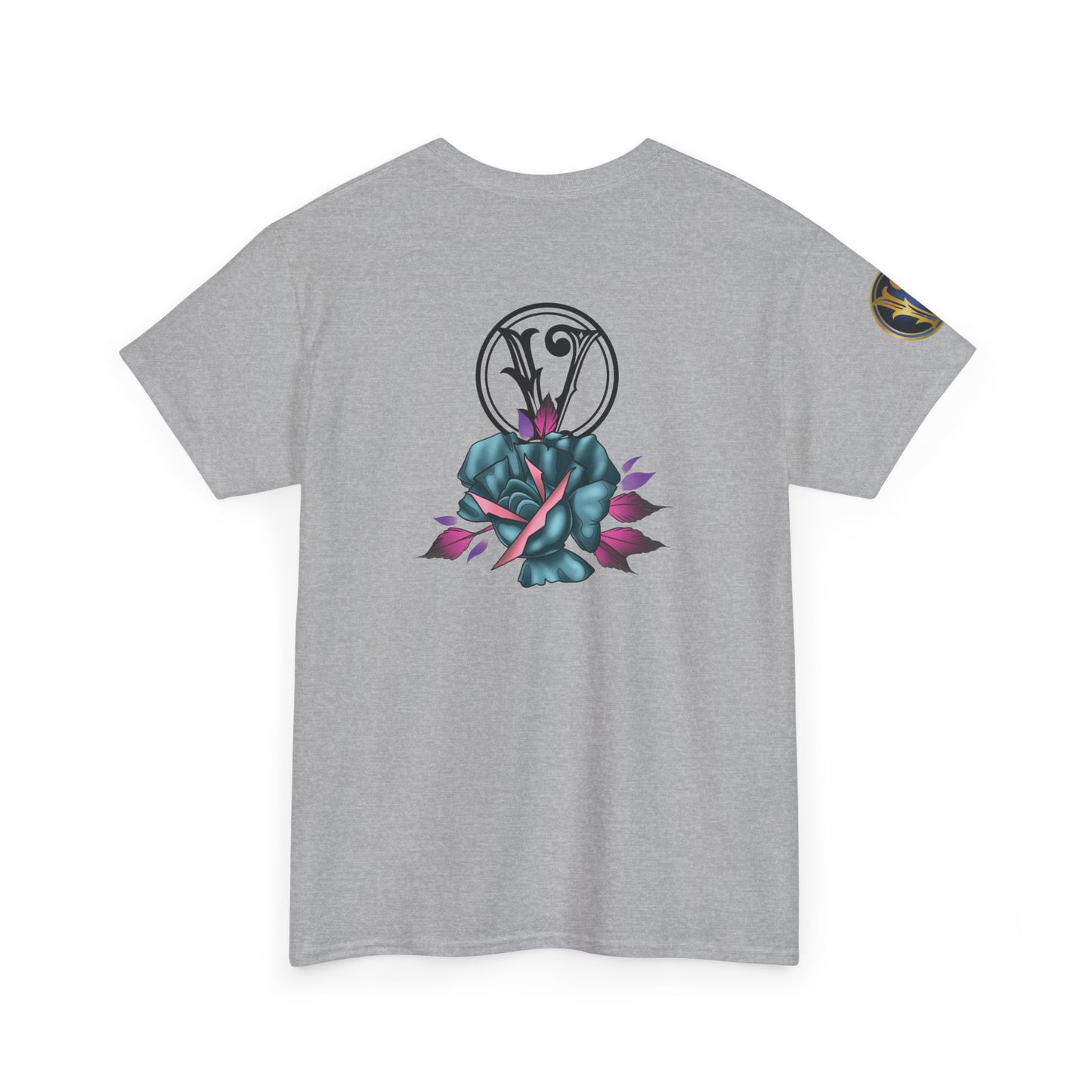 Blue & Pink Rose Graphic Tee — Vintage Floral Tattoo Shirt