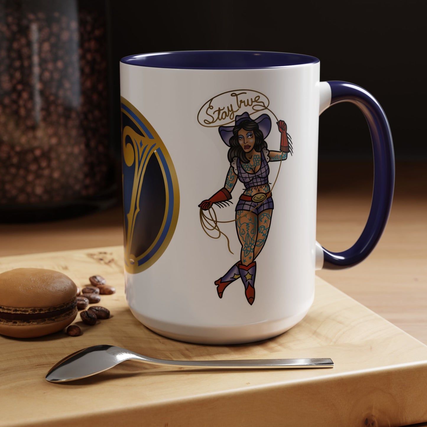 Accent Coffee Mug — Vintage Gold 'V' Monogram & Pin-Up Cowgirl Illustration (11oz/15oz)