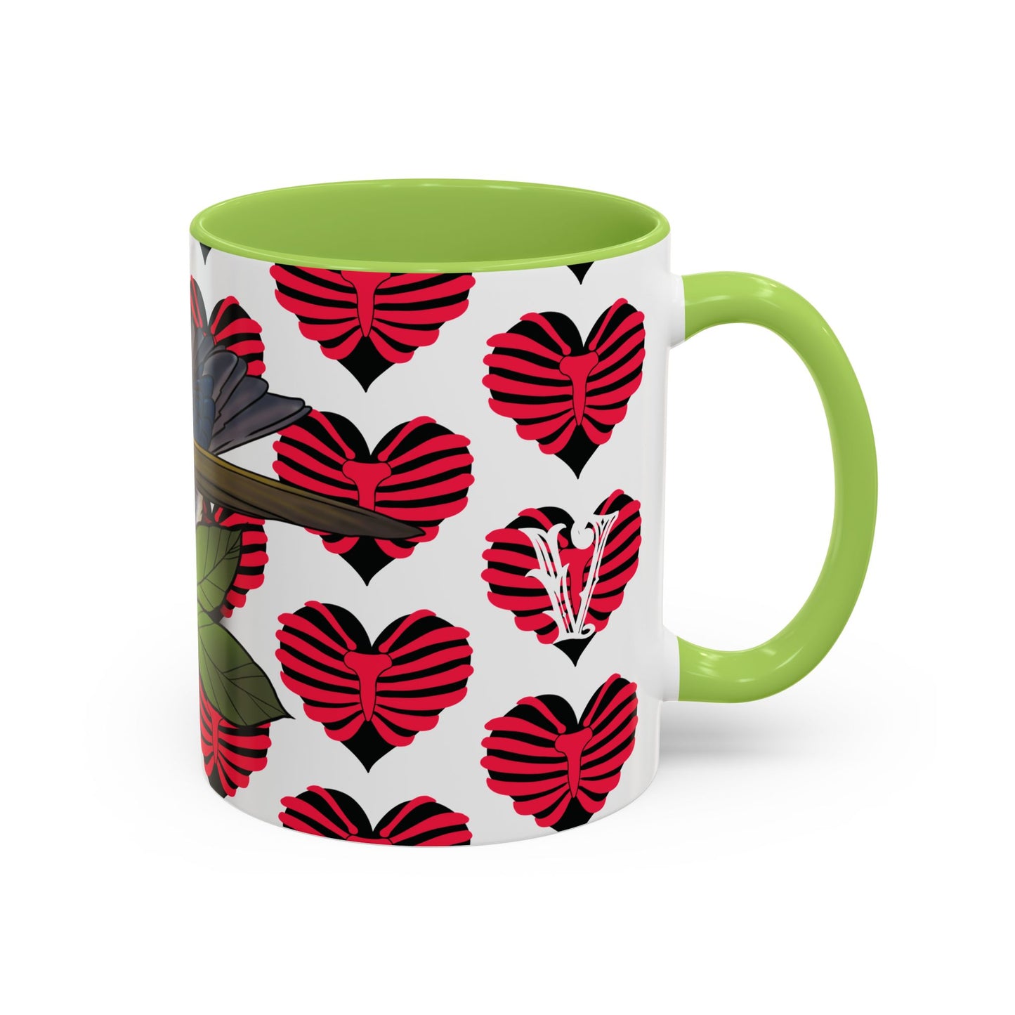 Bird & Hearts Accent Coffee Mug – Colorful Songbird Pattern (11/15oz)