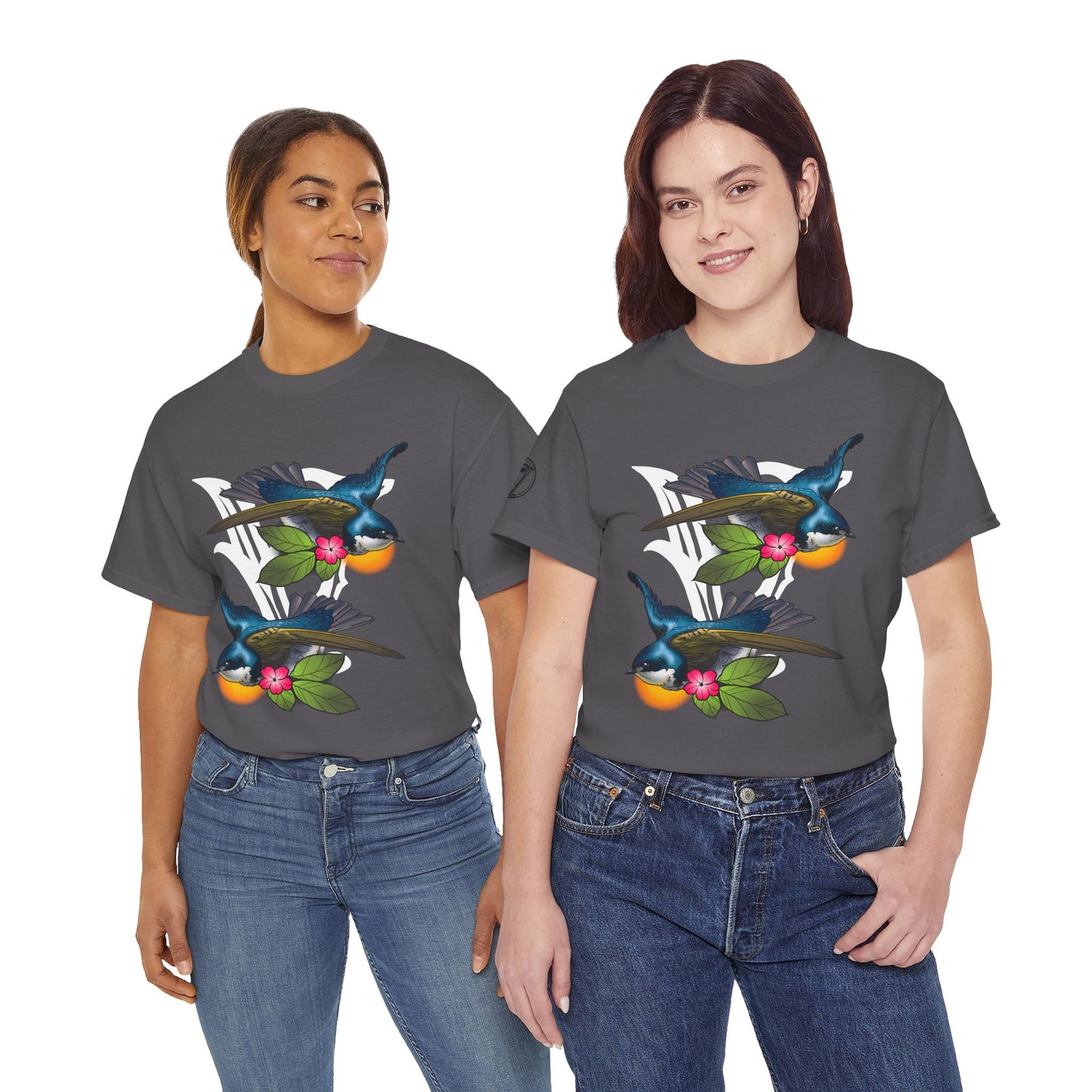 Bird Skull & Swallow Art Tee — Vibrant Blue Bird Illustration T-Shirt