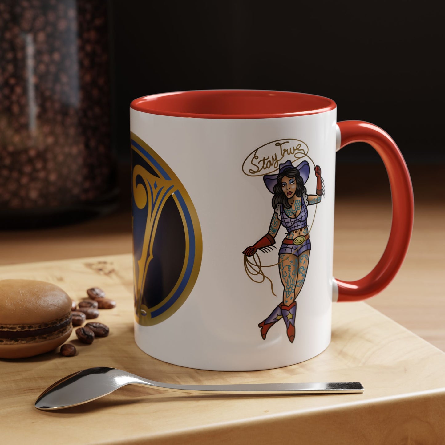Accent Coffee Mug — Vintage Gold 'V' Monogram & Pin-Up Cowgirl Illustration (11oz/15oz)