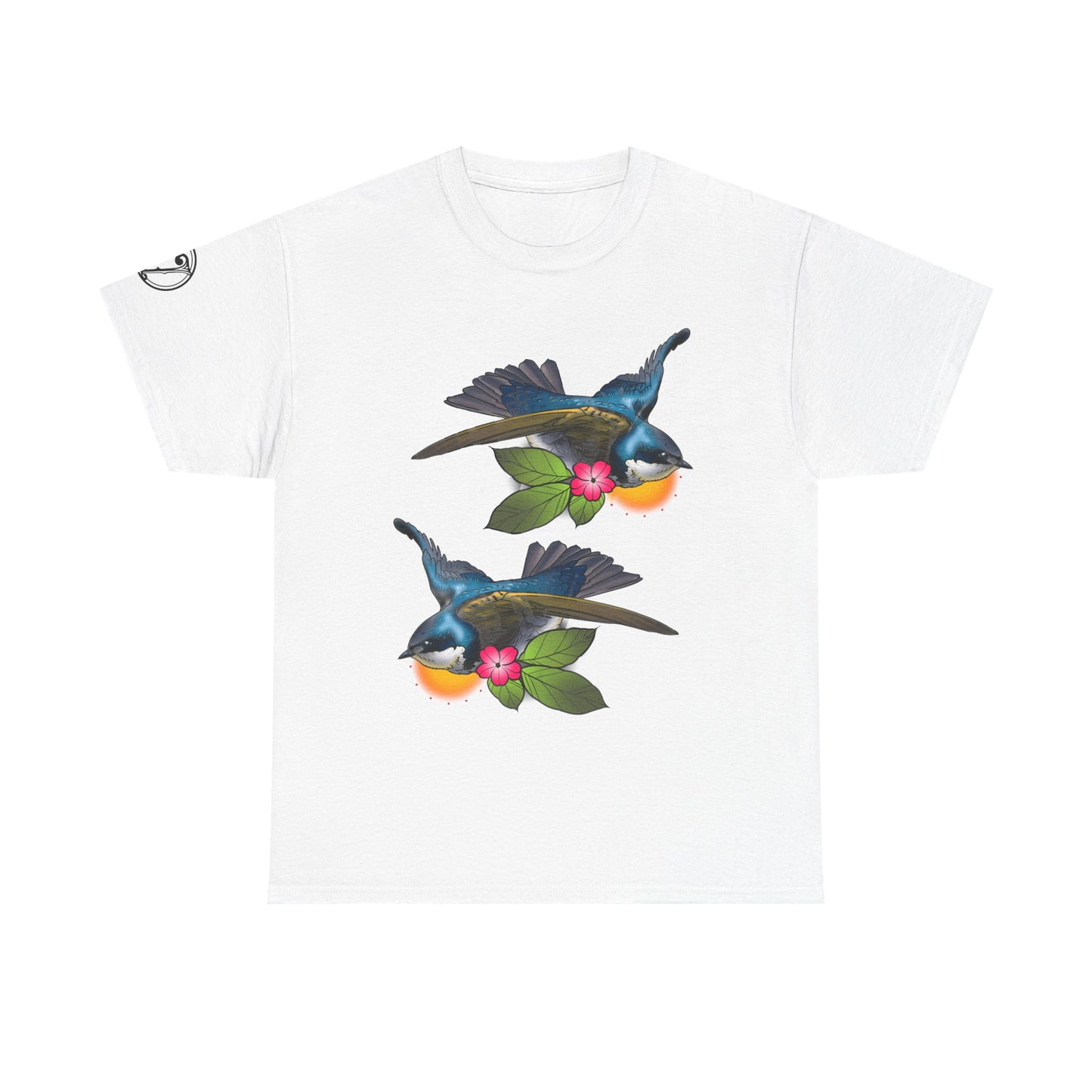 Bird Skull & Swallow Art Tee — Vibrant Blue Bird Illustration T-Shirt