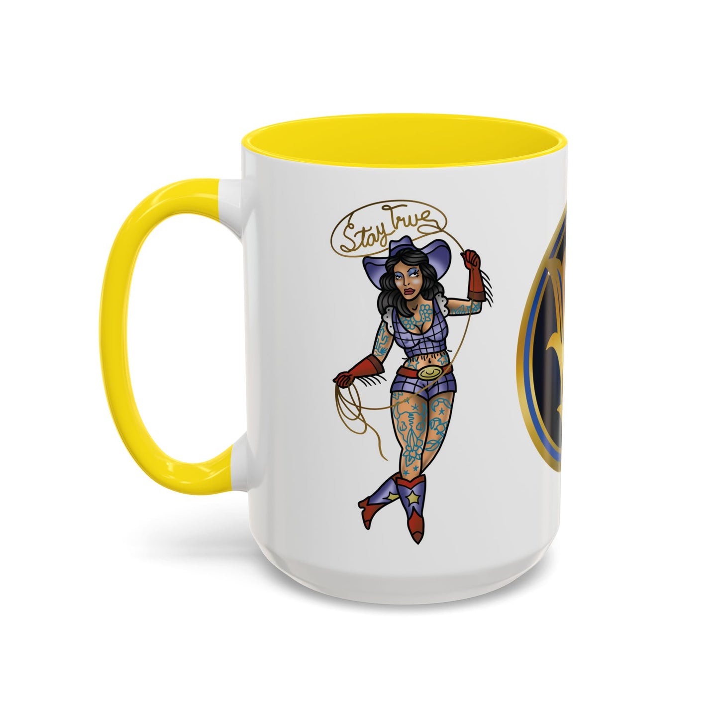 Accent Coffee Mug — Vintage Gold 'V' Monogram & Pin-Up Cowgirl Illustration (11oz/15oz)
