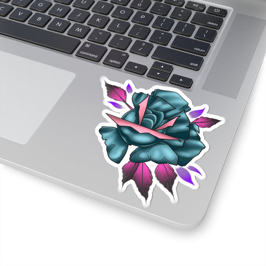 Teal Rose Kiss-Cut Sticker — Floral Tattoo-Style Laptop Decal