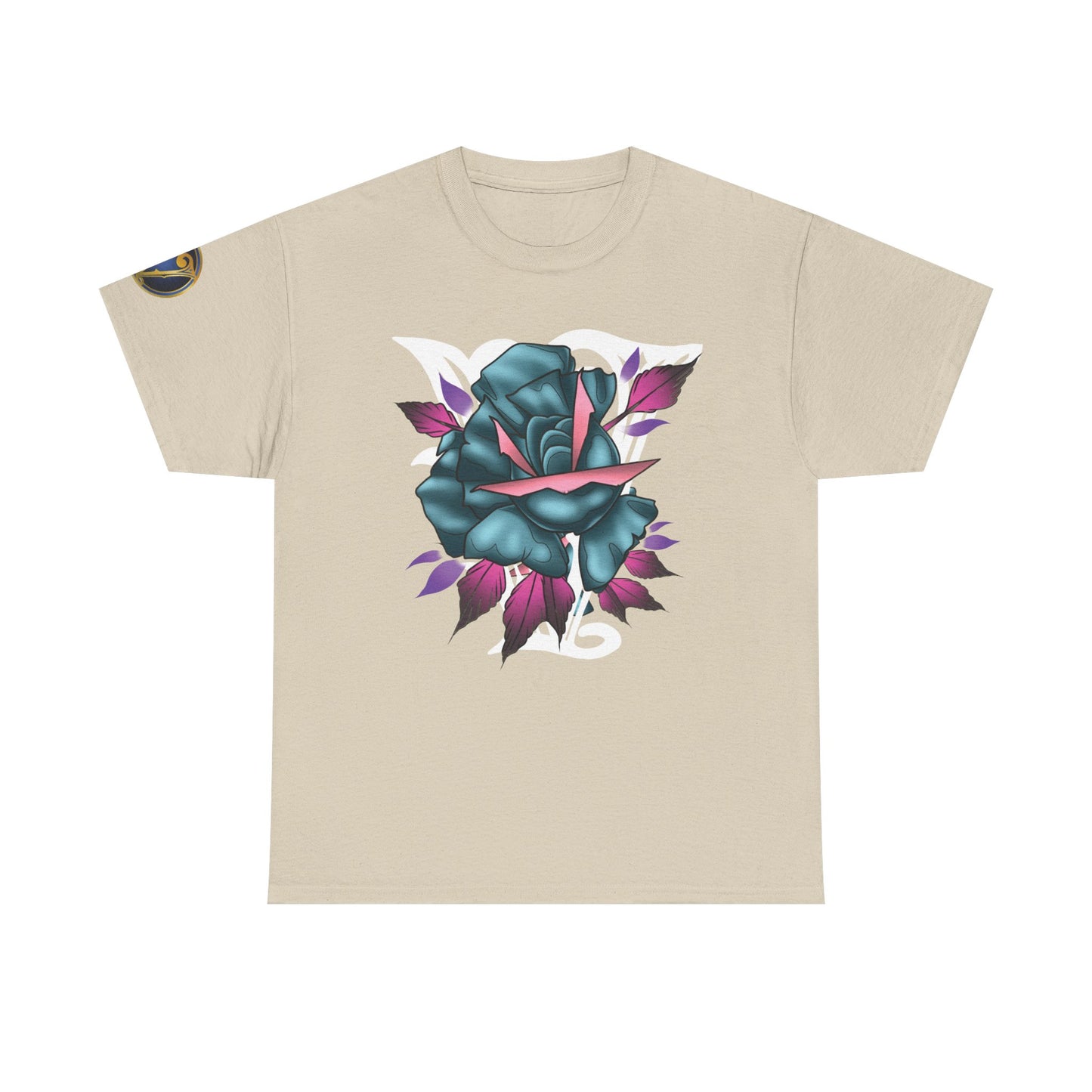 Blue & Pink Rose Graphic Tee — Vintage Floral Tattoo Shirt